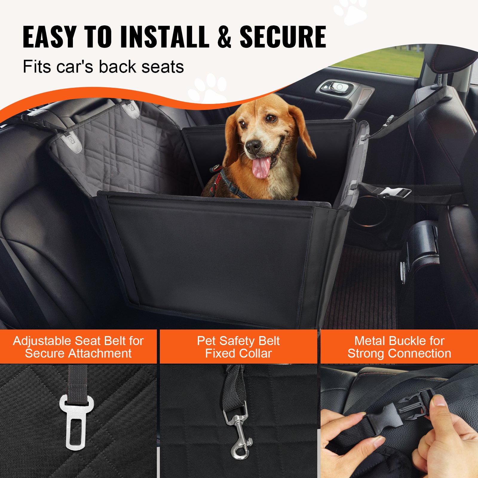 VEVOR Dog Car Seat, Waterproof Dog Booster Seat for Cars with Support Frame, Pet Car Seat with Attachable Safety Leash, Dog Car Bed for Small, Medium and Large Dogs up to 22 kg, Black