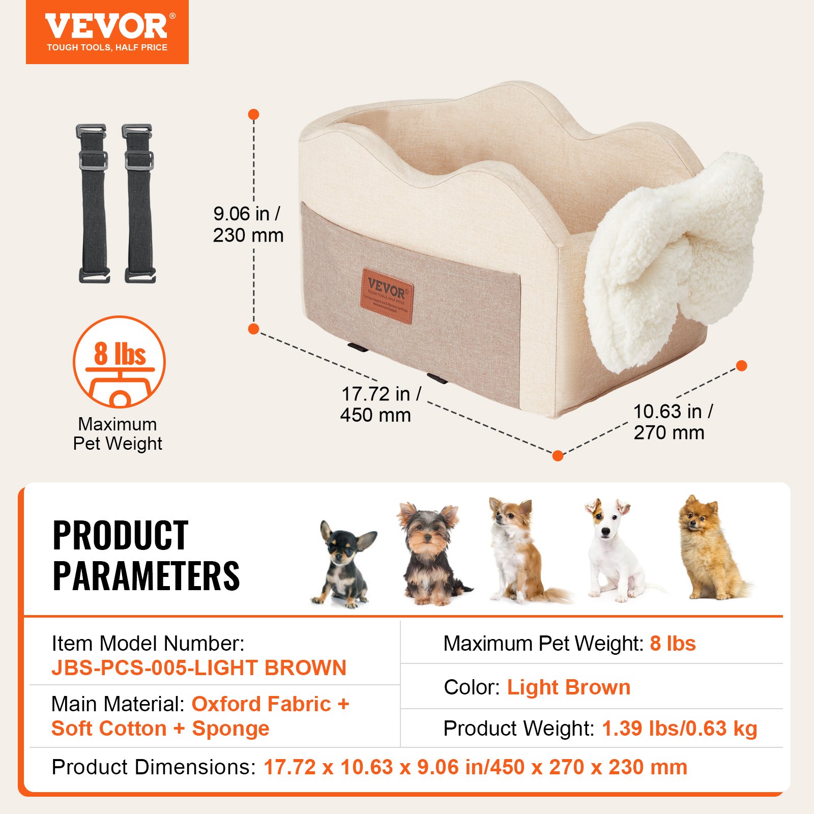 VEVOR Console Car Seat for Dogs, Center Console Dog Booster Seat for Small Dogs, Pet Car Seat for Car Armrest with Attachable Leash, Adjustable Straps, Supports up to 8 lbs, Light Brown