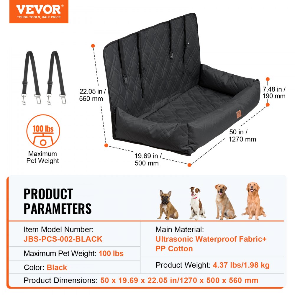 VEVOR Asiento de Coche para Perros 45 kg Asiento de seguridad para Mascotas Asiento Elevador Impermeable con Correa de Seguridad con Clip Acolchado de Algodón PP Silla para Coche para Mascotas, Negro