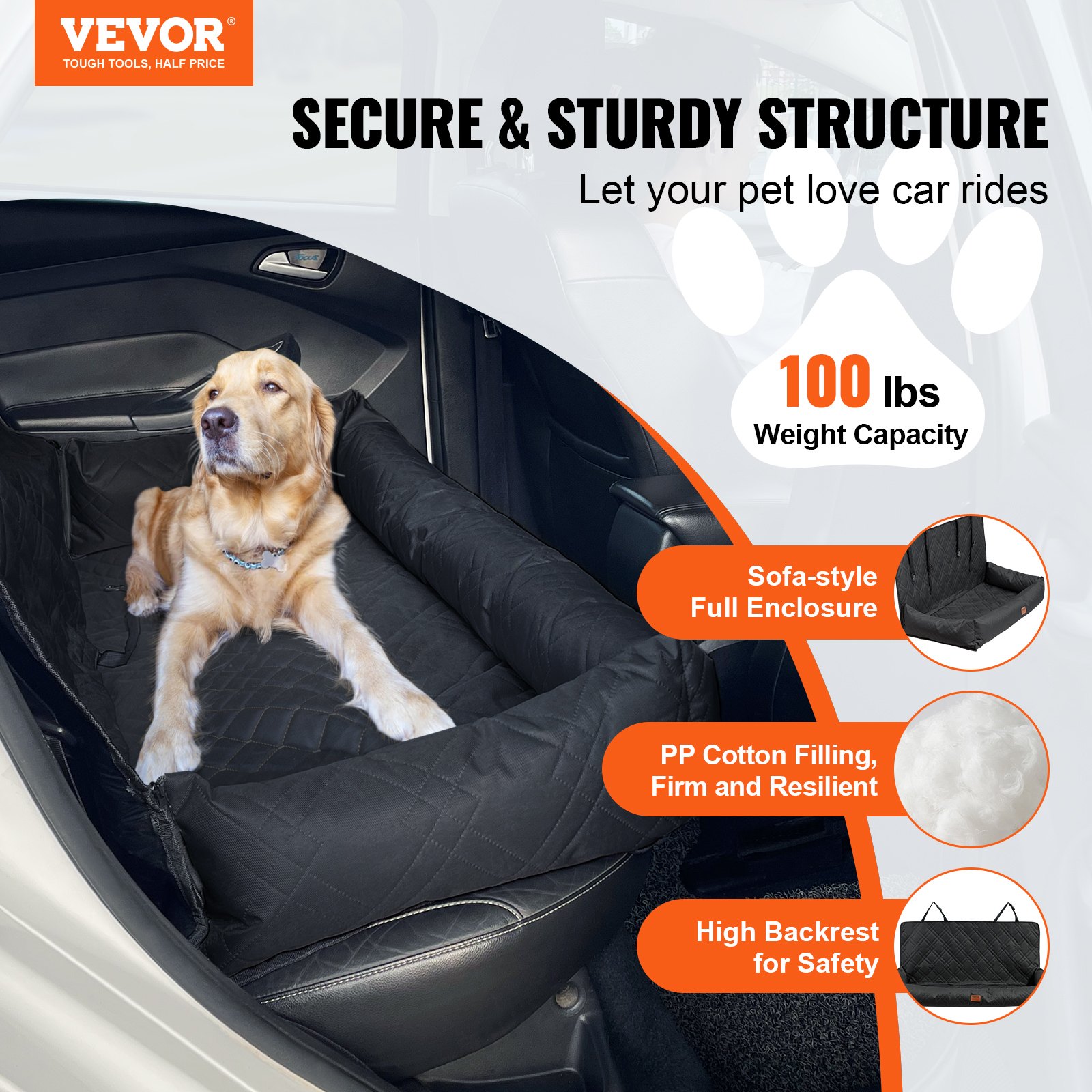 VEVOR Asiento de Coche para Perros 45 kg Asiento de seguridad para Mascotas Asiento Elevador Impermeable con Correa de Seguridad con Clip Acolchado de Algodón PP Silla para Coche para Mascotas, Negro