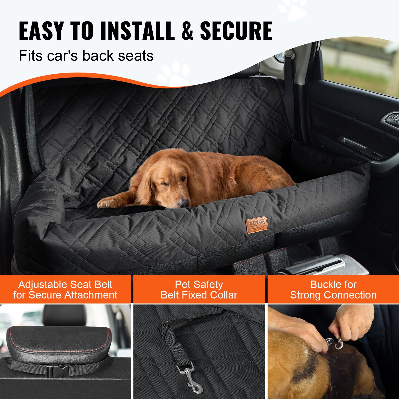 VEVOR Asiento de Coche para Perros 45 kg Asiento de seguridad para Mascotas Asiento Elevador Impermeable con Correa de Seguridad con Clip Acolchado de Algodón PP Silla para Coche para Mascotas, Negro