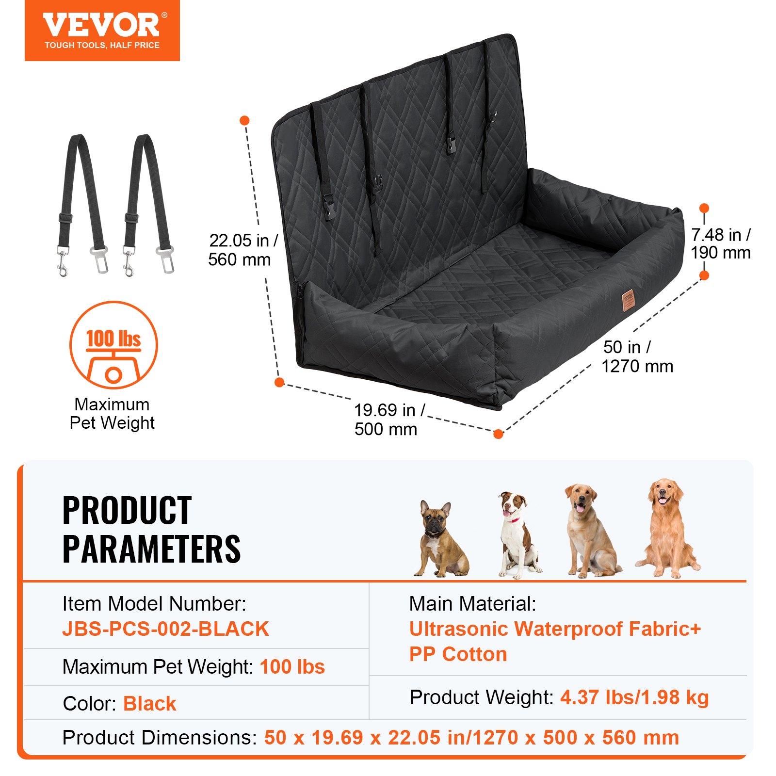 VEVOR Asiento de Coche para Perros 45 kg Asiento de seguridad para Mascotas Asiento Elevador Impermeable con Correa de Seguridad con Clip Acolchado de Algodón PP Silla para Coche para Mascotas, Negro