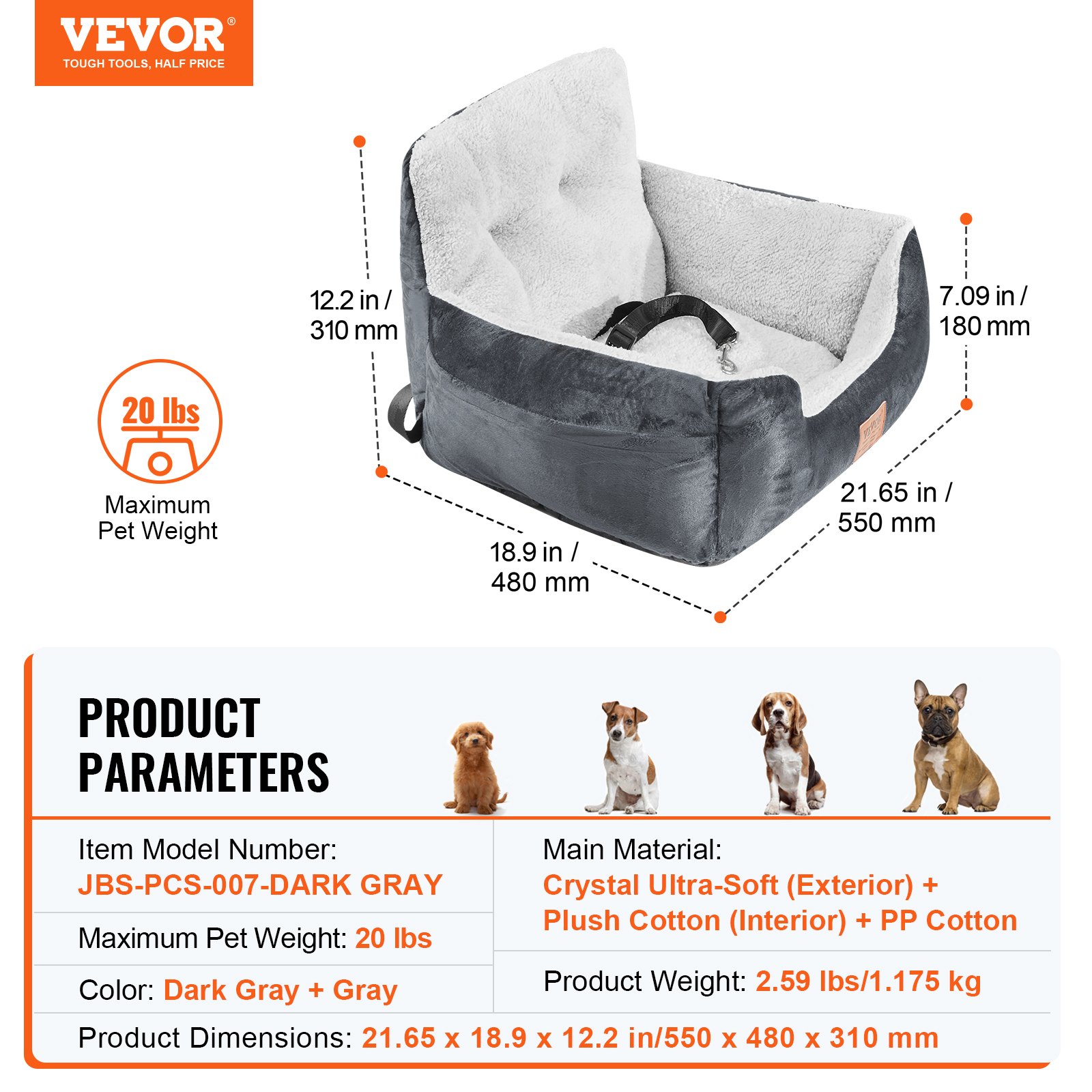 VEVOR Dog Car Seat, High Back Dog Booster Seat for Cars, Storage Bag, Attachable Safety Leash, PP Cotton Filling, Dog Car Bed for Small Dogs up to 20 Pounds, Dark Gray