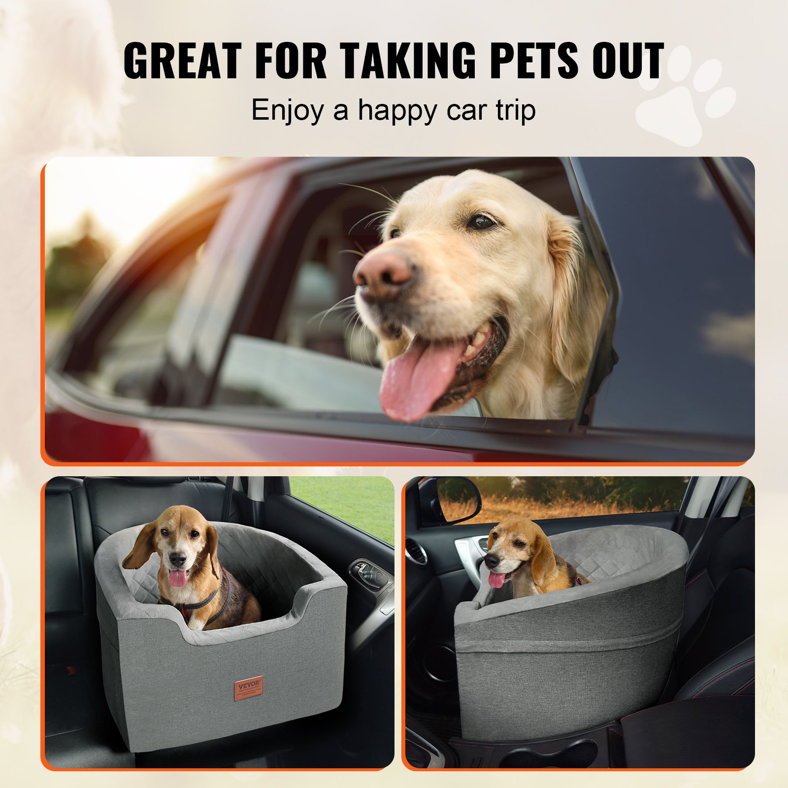 VEVOR Dog Car Seat, Waterproof Dog Booster Seat for Cars with Storage Bag, Attachable Safety Leash and Sponge Filling, Dog Car Bed for Small and Medium Dogs up to 25 kg, Grey