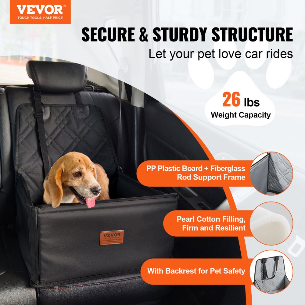 VEVOR Asiento de Coche para Perros 12 kg Asiento de seguridad para Mascotas Asiento Elevador Impermeable con Correa de Seguridad con Clip Acolchado de Algodón PP Silla para Coche para Mascotas, Negro