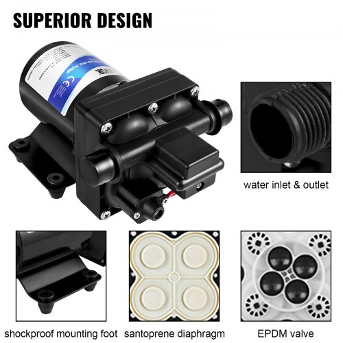 VEVOR Bomba de Agua Autocebante de Diafragma, 12 V DC 10 A Flujo de 4 GPM Bomba Pulverizadora de Agua, Max. Presión de 55 psi Bomba de Limpieza con Filtro de Metal para Vehículos RV y Autocaravanas