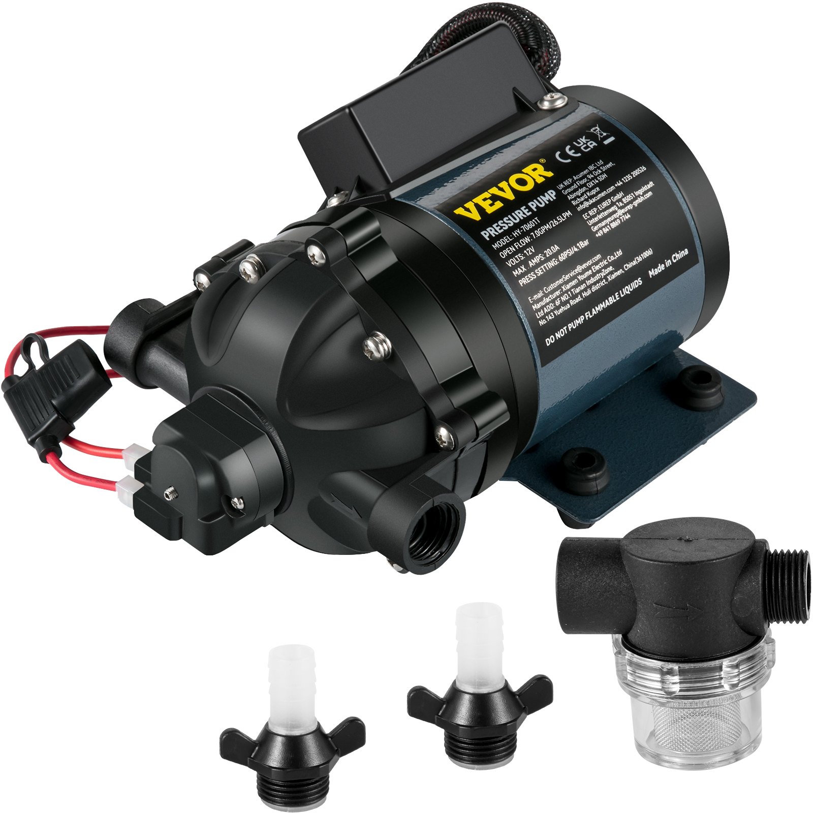 VEVOR Dishwashing Pump, 12V DC, 7 GPM 60 PSI, max. 3m lift, self-priming water pump, with EPDM valve, universal saltwater strainer & internal thread, for RV, marine deck, yacht