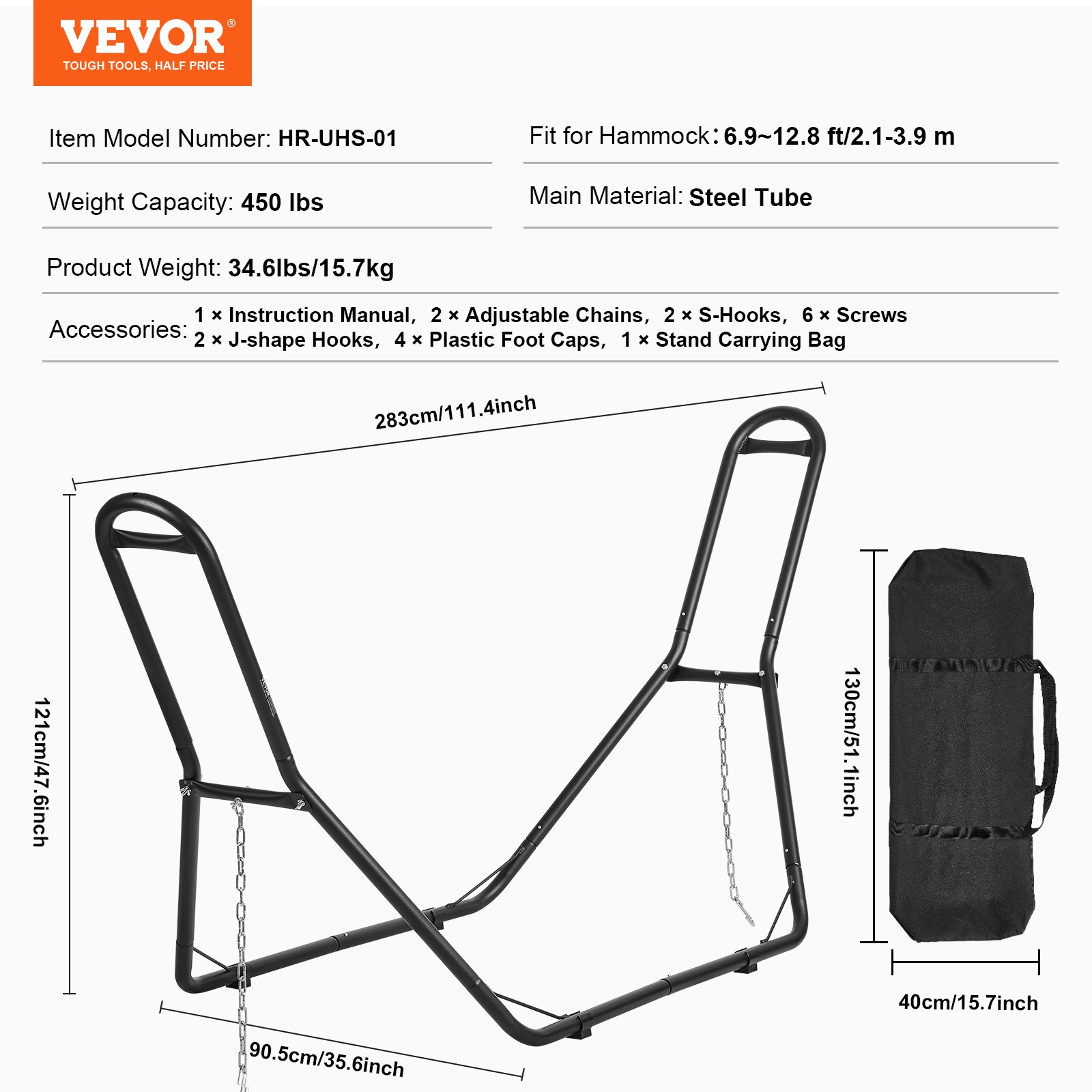 VEVOR Soporte para Hamaca Portátil Carga 204 kg Estructura de Acero Universal para Hamacas de 2,1-3,9 m Ajustable con Cadena, Gancho, Bolsa de Transporte, para Hamaca de 2 Personas Exterior Interior