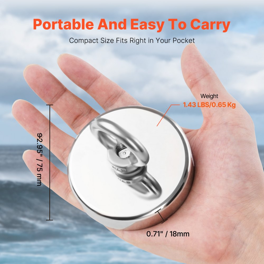 VEVOR Fishing Magnet 318 kg One-Sided Pull Force Super Strong Neodymium Fishing Magnet, Rare Earth Magnet with Handle Diameter 60 mm for Retrieving in Rivers Magnet Fishing Heavy Hanging