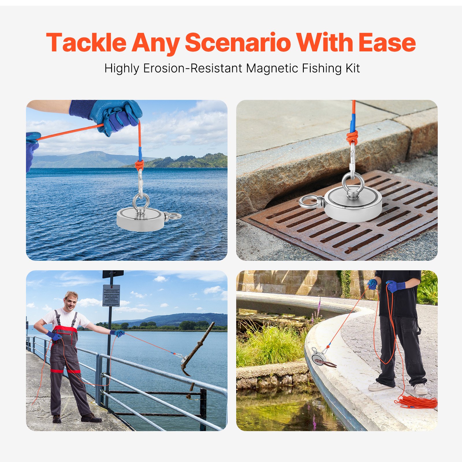 VEVOR Kit de Pesca con Imán de Doble Cara Fuerza de Tracción de 907 Kg Kit de Pesca con Imán de Neodimio de Tierras Raras con Gancho de Agarre, Cuerda Resistente, Guantes y Perno de Ojo, Rojo