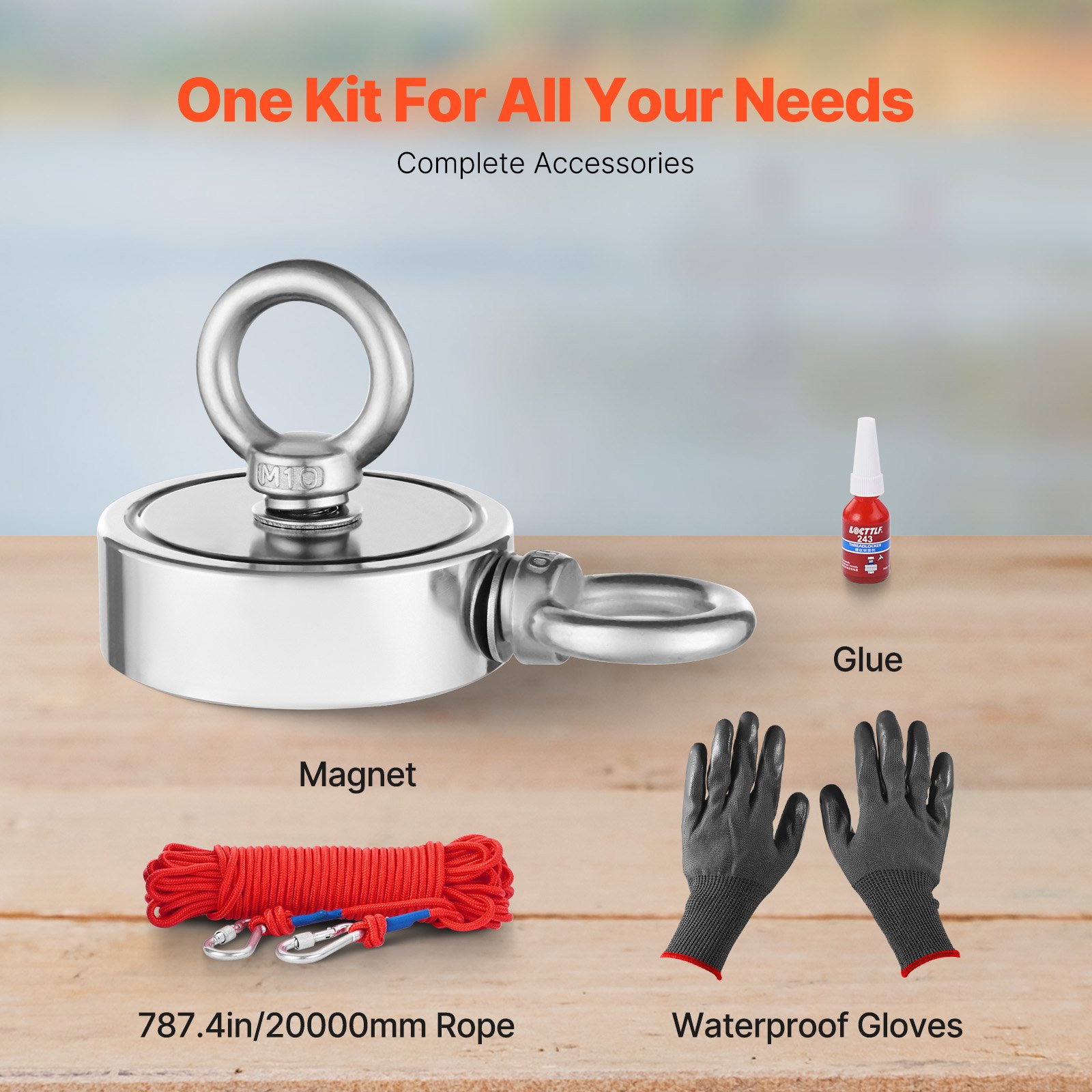 VEVOR Kit de Pesca con Imán de Doble Cara Fuerza de Tracción de 454 kg Kit de Pesca con Imán de Neodimio de Tierras Raras con Gancho de Agarre, Cuerda Resistente, Guantes y Perno de Ojo, Rojo