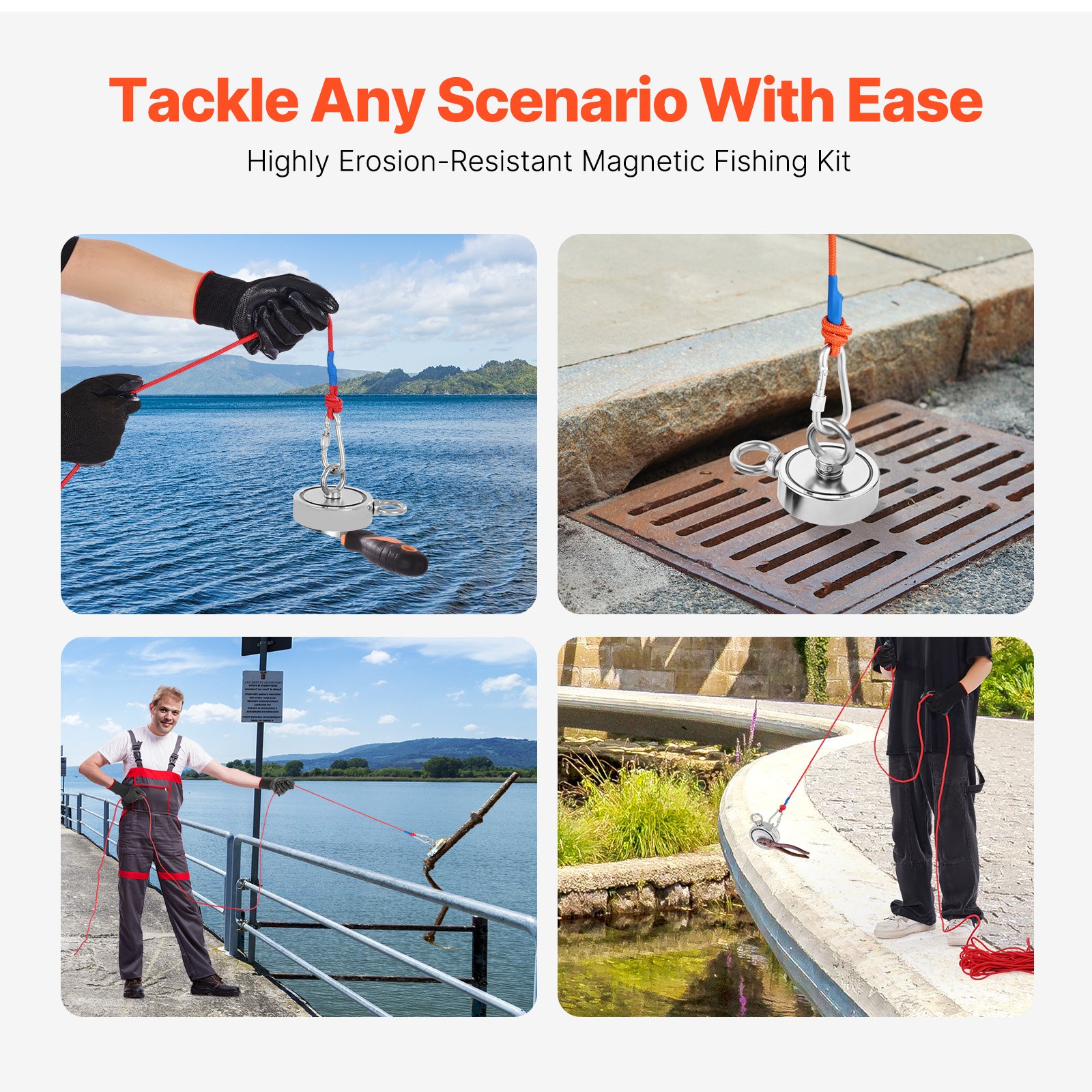VEVOR Kit de Pesca con Imán de Doble Cara Fuerza de Tracción de 454 kg Kit de Pesca con Imán de Neodimio de Tierras Raras con Gancho de Agarre, Cuerda Resistente, Guantes y Perno de Ojo, Rojo