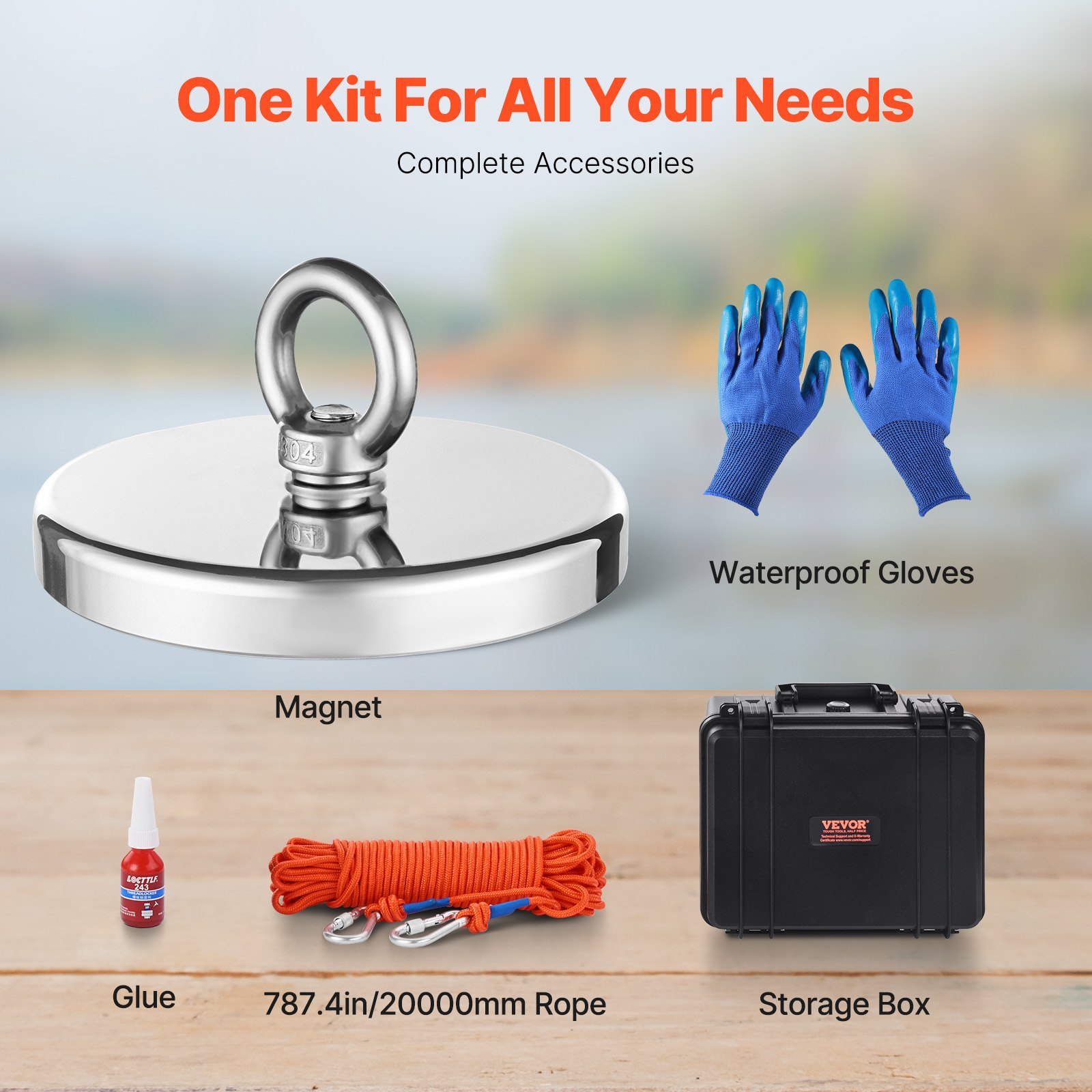 VEVOR Kit de Pesca con Imán de un Solo Lado Fuerza de Tracción de 907 kg, Kit de Pesca con Imán con Gancho de Agarre, Cuerda de φ6 x 20000 mm, Guantes, Perno de Ojo, Estuche de transporte, Naranja