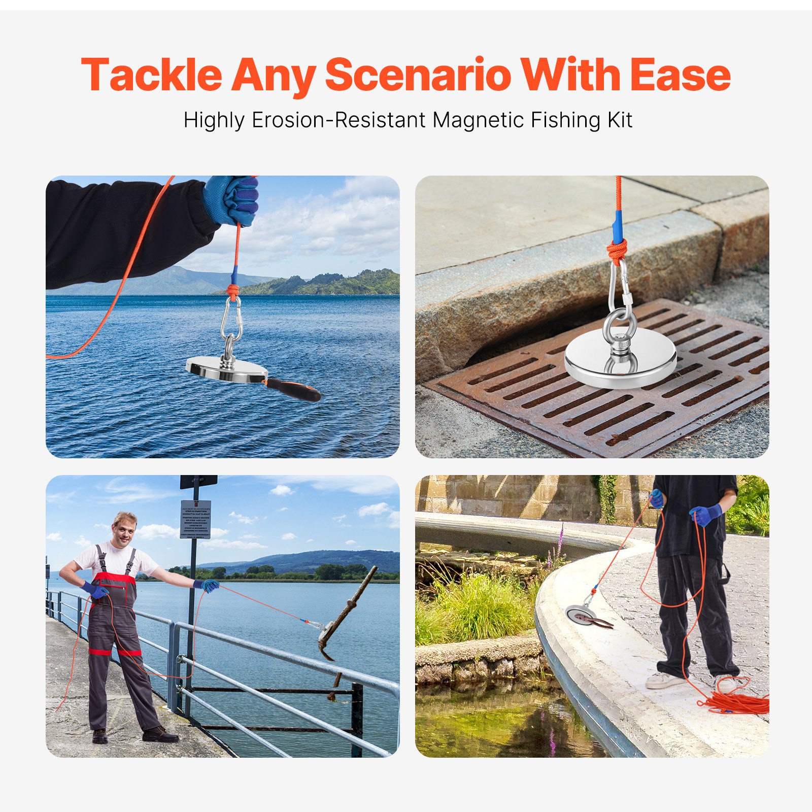 VEVOR Kit de Pesca con Imán de un Solo Lado Fuerza de Tracción de 907 kg, Kit de Pesca con Imán con Gancho de Agarre, Cuerda de φ6 x 20000 mm, Guantes, Perno de Ojo, Estuche de transporte, Naranja