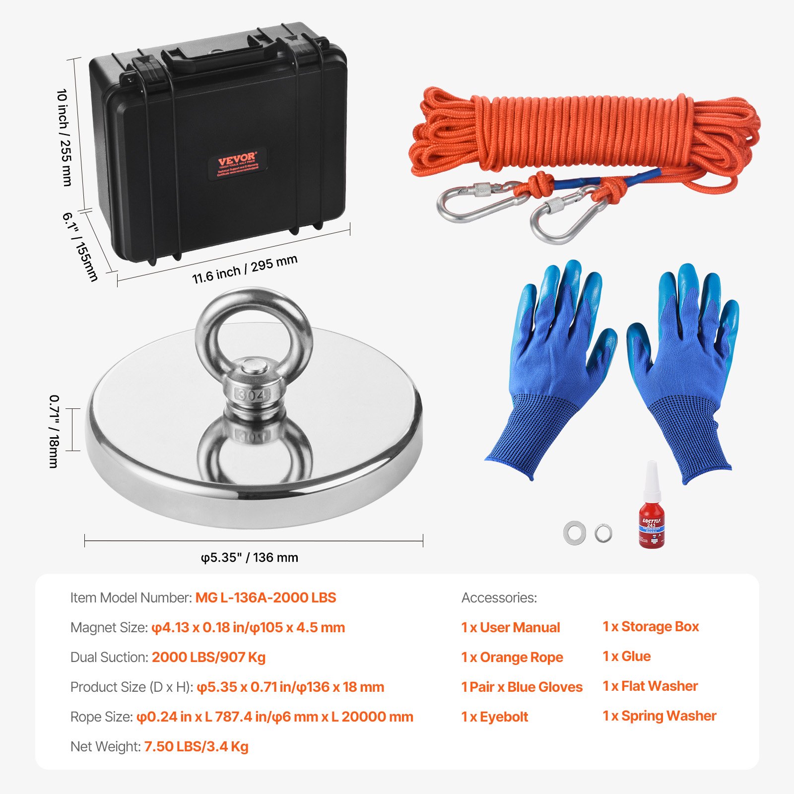 VEVOR Kit de Pesca con Imán de un Solo Lado Fuerza de Tracción de 907 kg, Kit de Pesca con Imán con Gancho de Agarre, Cuerda de φ6 x 20000 mm, Guantes, Perno de Ojo, Estuche de transporte, Naranja