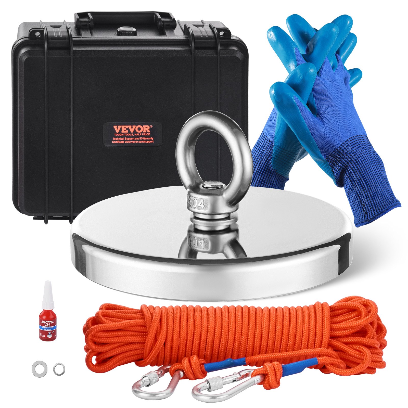 VEVOR Kit de Pesca con Imán de un Solo Lado Fuerza de Tracción de 907 kg, Kit de Pesca con Imán con Gancho de Agarre, Cuerda de φ6 x 20000 mm, Guantes, Perno de Ojo, Estuche de transporte, Naranja