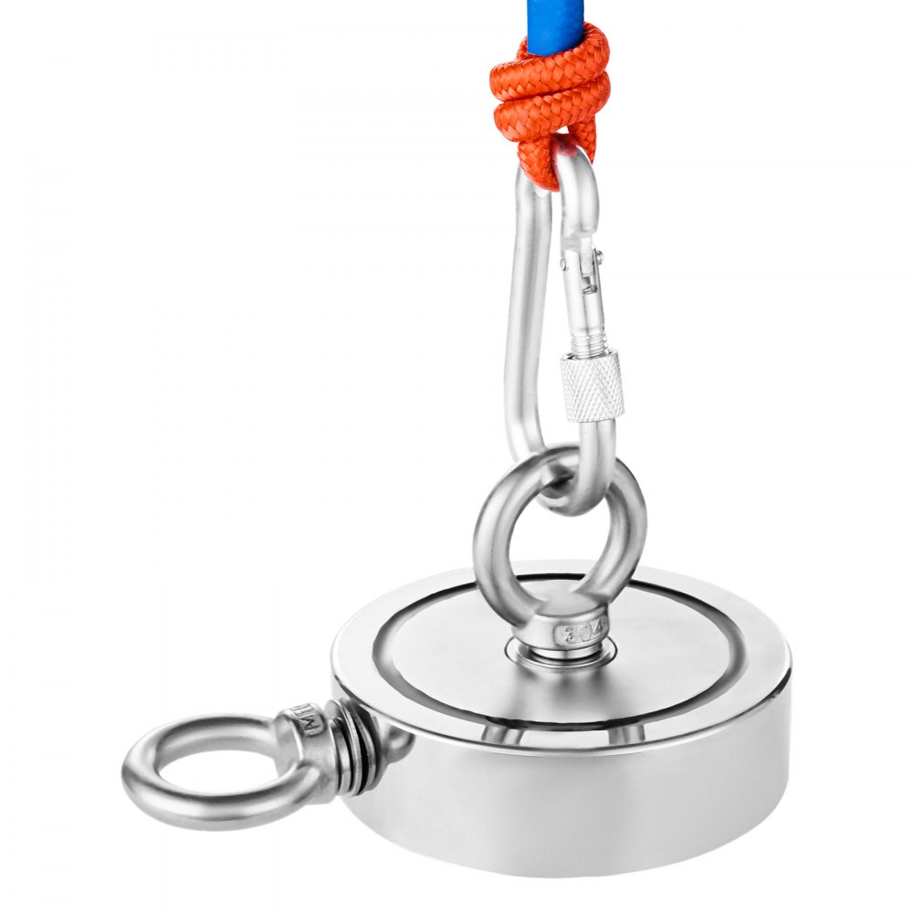 VEVOR Kit de Pesca con Imán de Doble Cara Fuerza de Tracción de 454 kg Kit de Pesca con Imán de Neodimio de Tierras Raras con Gancho de Agarre, Cuerda Resistente, Guantes y Perno de Ojo, Naranja
