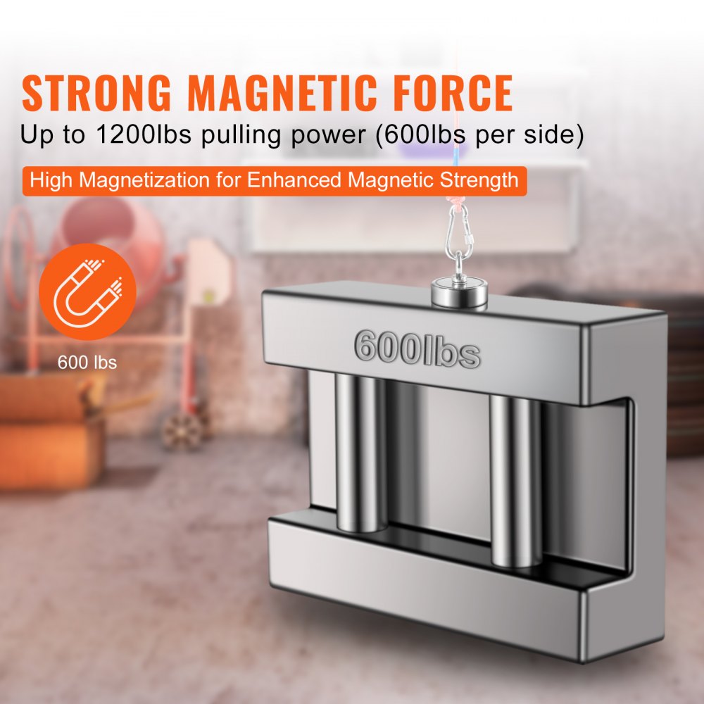 VEVOR Imán de Pesca de Doble Cara Superfuerte Capacidad 272x2 kg Kit de Pesca con Imán de Neodimio con Gancho de Cuerda Par de Guantes y Estuche para Pesca Magnética y Búsqueda de Tesoros Submarinos