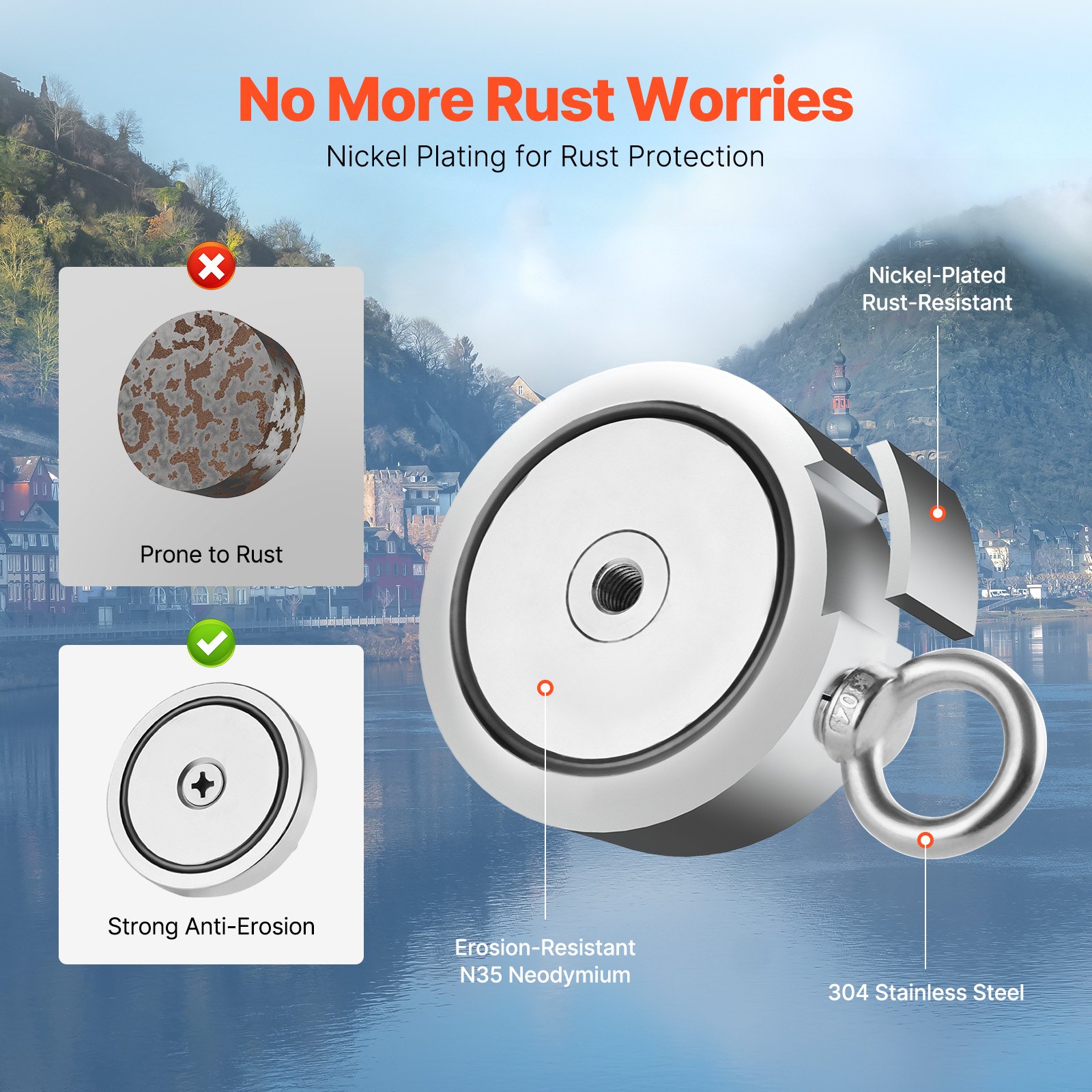 VEVOR Kit de Pesca con Imán de Doble Cara, Fuerza de Tracción de 635 kg, Kit de Pesca con Imán con Gancho de Agarre, Cuerda de φ6 x 20000 mm, Guantes, Perno de Ojo, Estuche de Transporte, Naranja