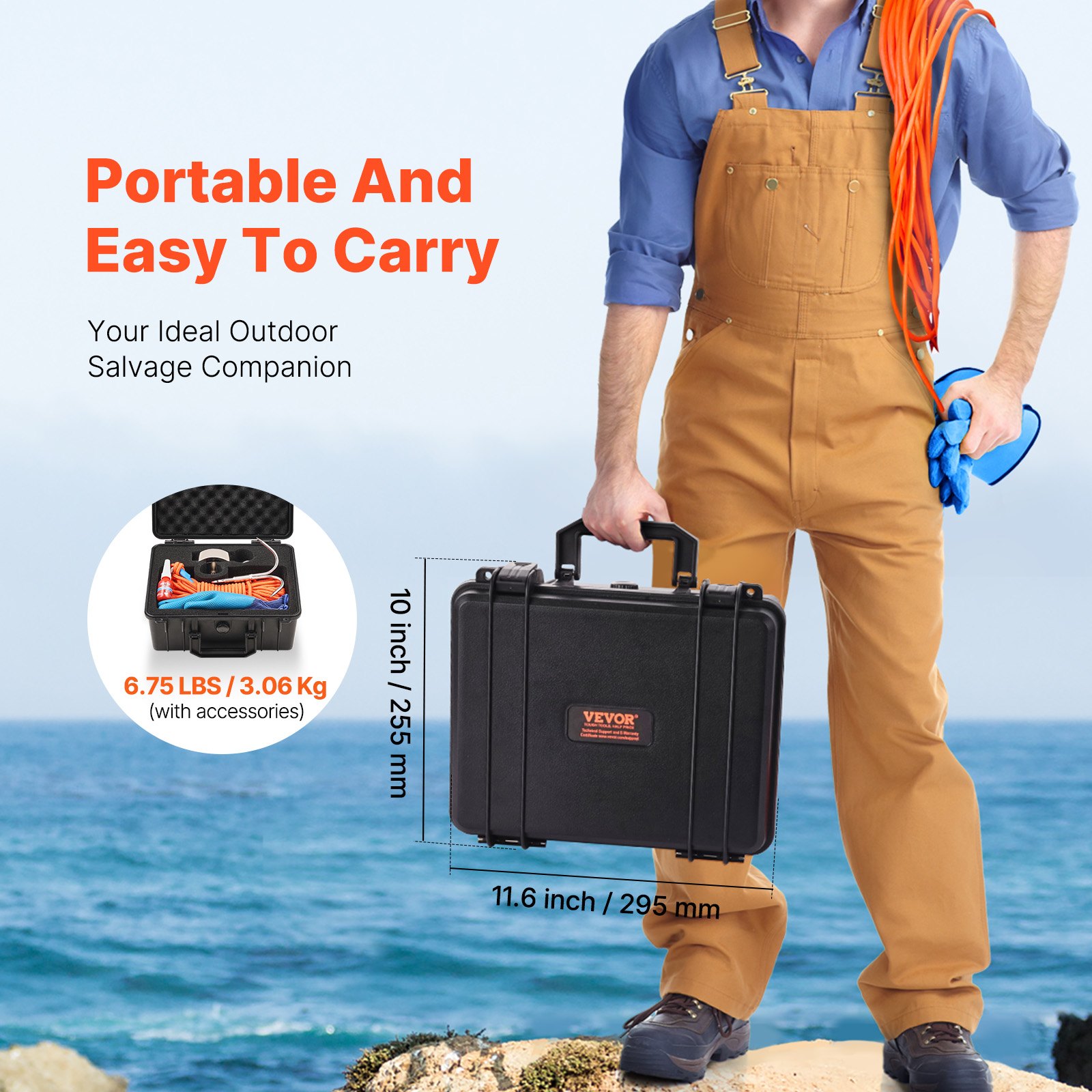 VEVOR Kit de Pesca con Imán de Doble Cara, Fuerza de Tracción de 635 kg, Kit de Pesca con Imán con Gancho de Agarre, Cuerda de φ6 x 20000 mm, Guantes, Perno de Ojo, Estuche de Transporte, Naranja