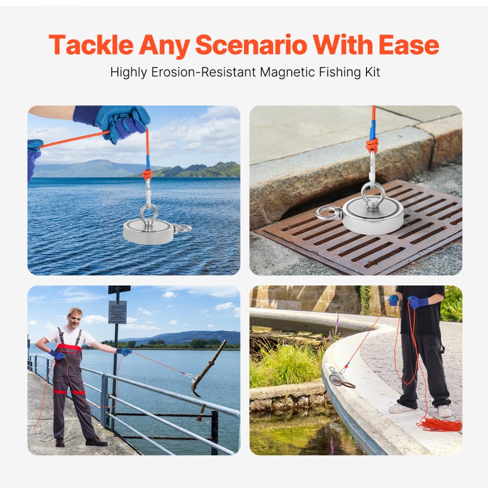 VEVOR Kit de Pesca con Imán de Doble Cara Fuerza de Tracción de 907 Kg Kit de Pesca con Imán de Neodimio de Tierras Raras con Gancho de Agarre, Cuerda Resistente, Guantes y Perno de Ojo, Naranja