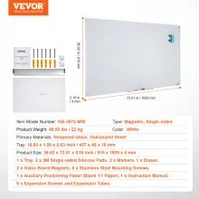 VEVOR Pizarra Blanca de Vidrio Magnética, Pizarra de Borrado en Seco, Pizarra de Vidrio Blanca Grande Montada en la Pared sin Marco, con Bandeja para Marcadores, un Borrador y 2 Marcadores, Blanco