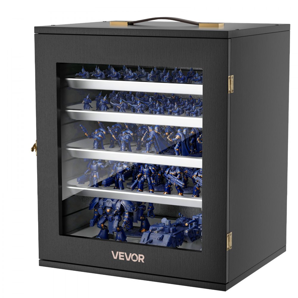VEVOR Estuche de Almacenamiento para Miniaturas, Caja de Transporte en Miniatura con 5 Bandejas Magnéticas, Cerradura Carcasa de Madera Puerta de Acrílico y Mango, para Colecciones Figuras de Acción