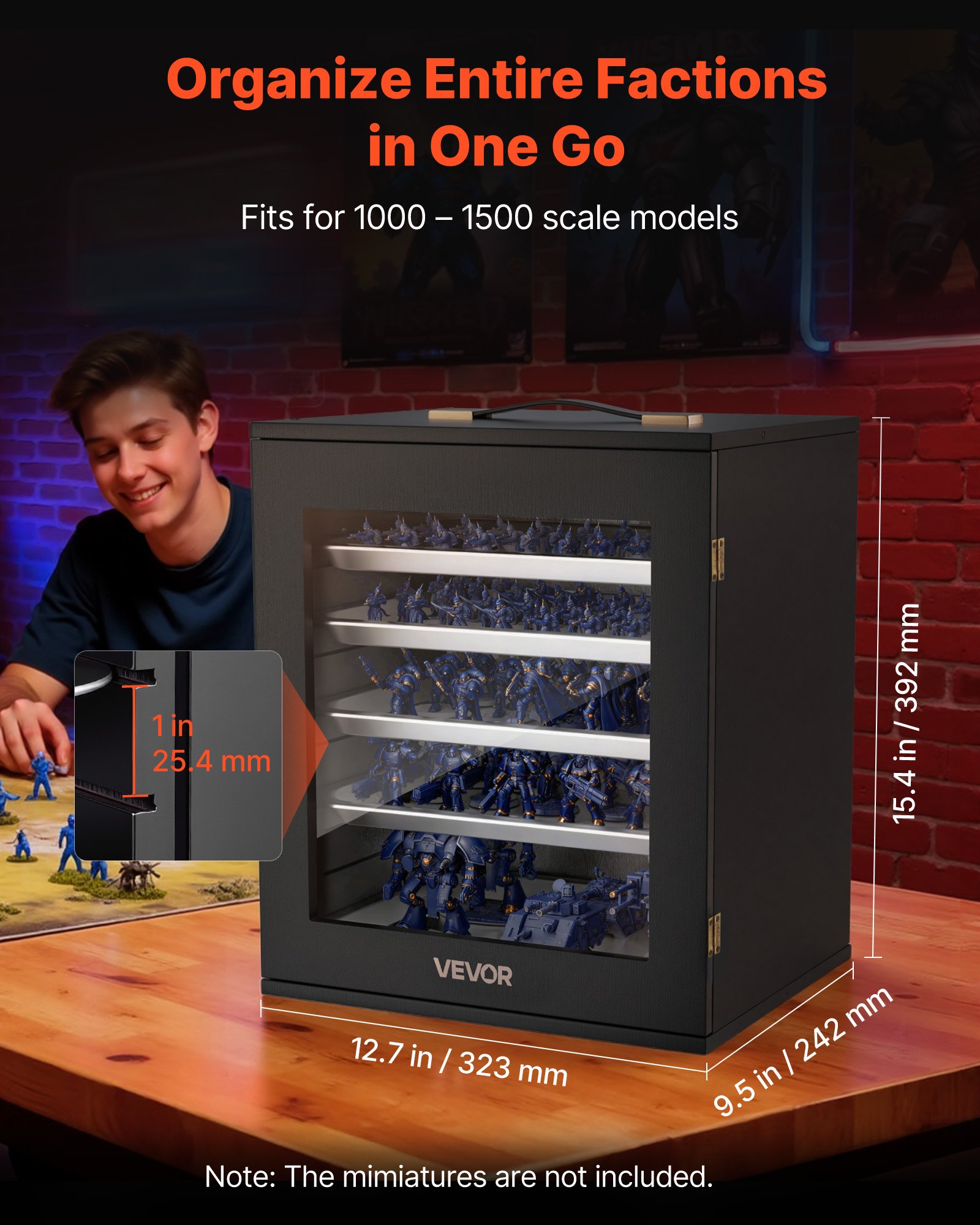 VEVOR Estuche de Almacenamiento para Miniaturas, Caja de Transporte en Miniatura con 5 Bandejas Magnéticas, Cerradura Carcasa de Madera Puerta de Acrílico y Mango, para Colecciones Figuras de Acción