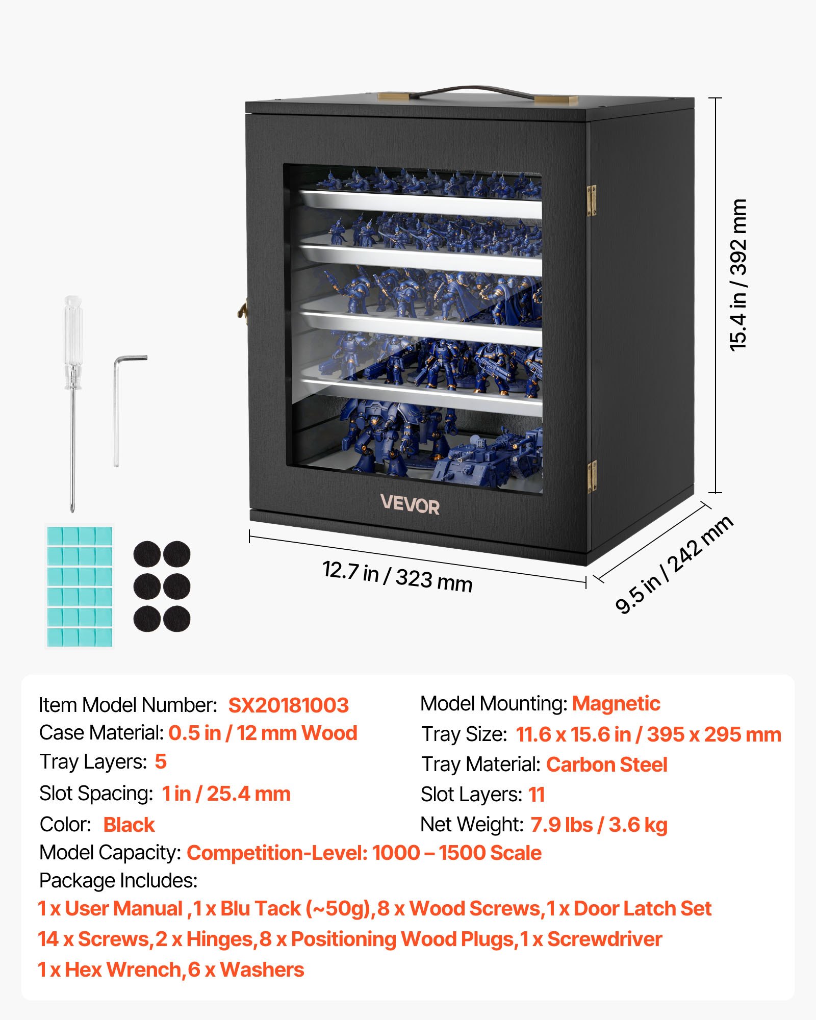 VEVOR Estuche de Almacenamiento para Miniaturas, Caja de Transporte en Miniatura con 5 Bandejas Magnéticas, Cerradura Carcasa de Madera Puerta de Acrílico y Mango, para Colecciones Figuras de Acción