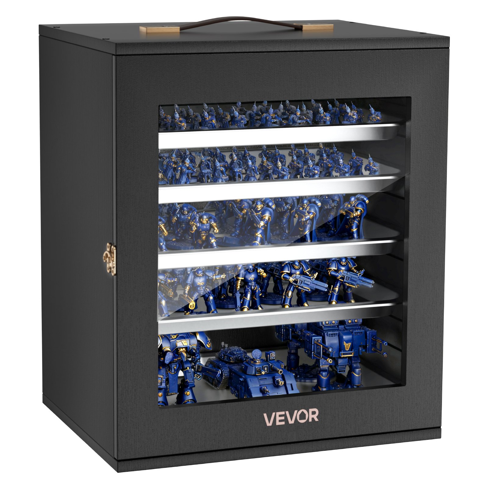 VEVOR Estuche de Almacenamiento para Miniaturas, Caja de Transporte en Miniatura con 5 Bandejas Magnéticas, Cerradura Carcasa de Madera Puerta de Acrílico y Mango, para Colecciones Figuras de Acción