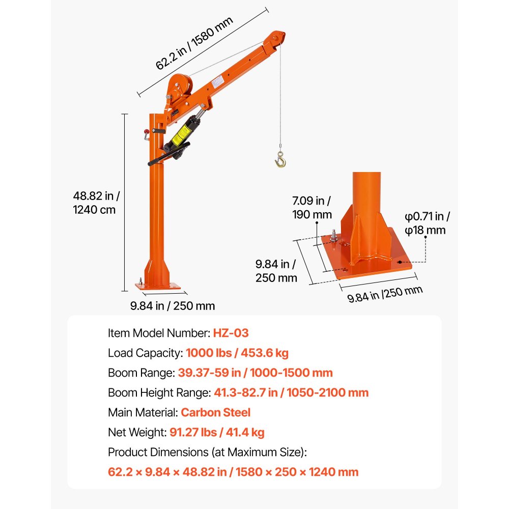 VEVOR Grúa para Camioneta Capacidad de Carga 453,6 kg, con Enganche, Gato Hidráulico, Cabrestante Manual, Pluma Telescópica Rotación 360°, Base de Acero Plegable, Grúa Pickup para Elevación de Equipos
