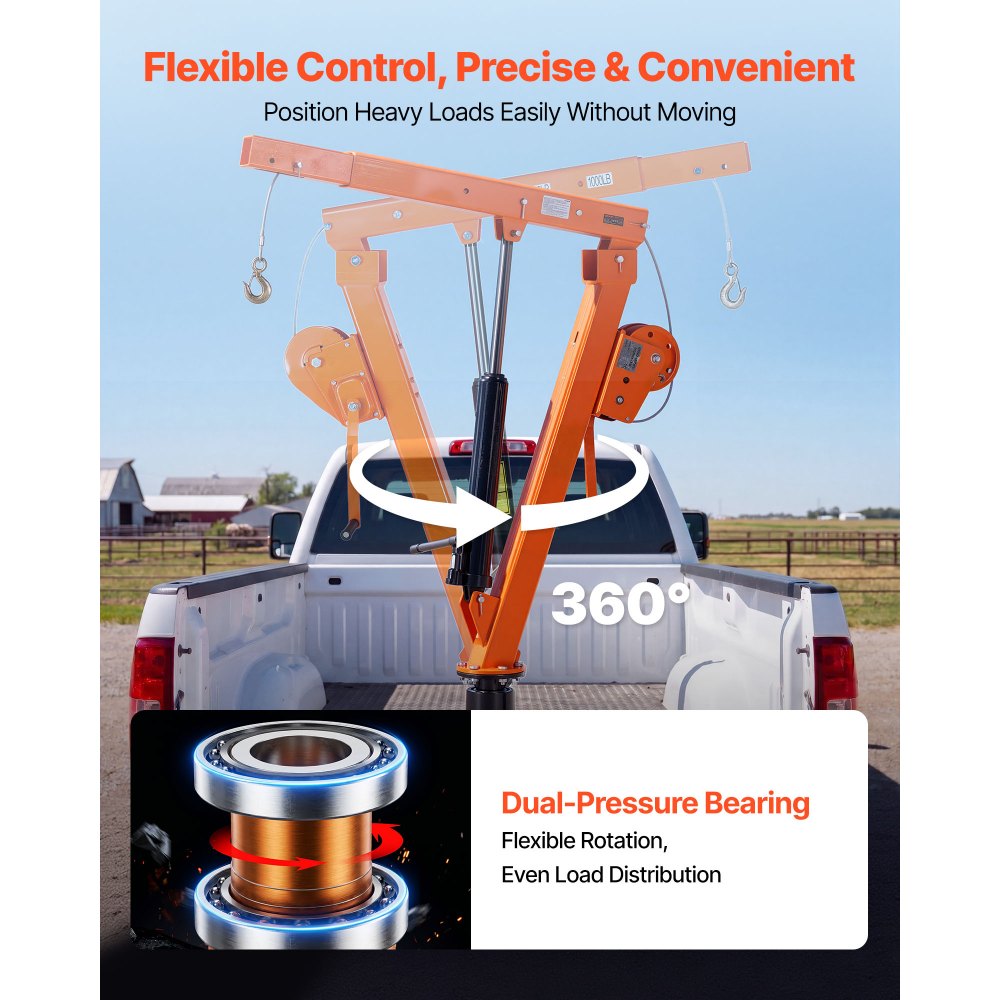 VEVOR Grúa para Camioneta Capacidad de Carga 907,2 kg, con Enganche, Cabrestante Manual, Gato Hidráulico, Pluma Telescópica Rotación 360°, Base de Acero Plegable, Grúa Pickup para Elevación de Equipos