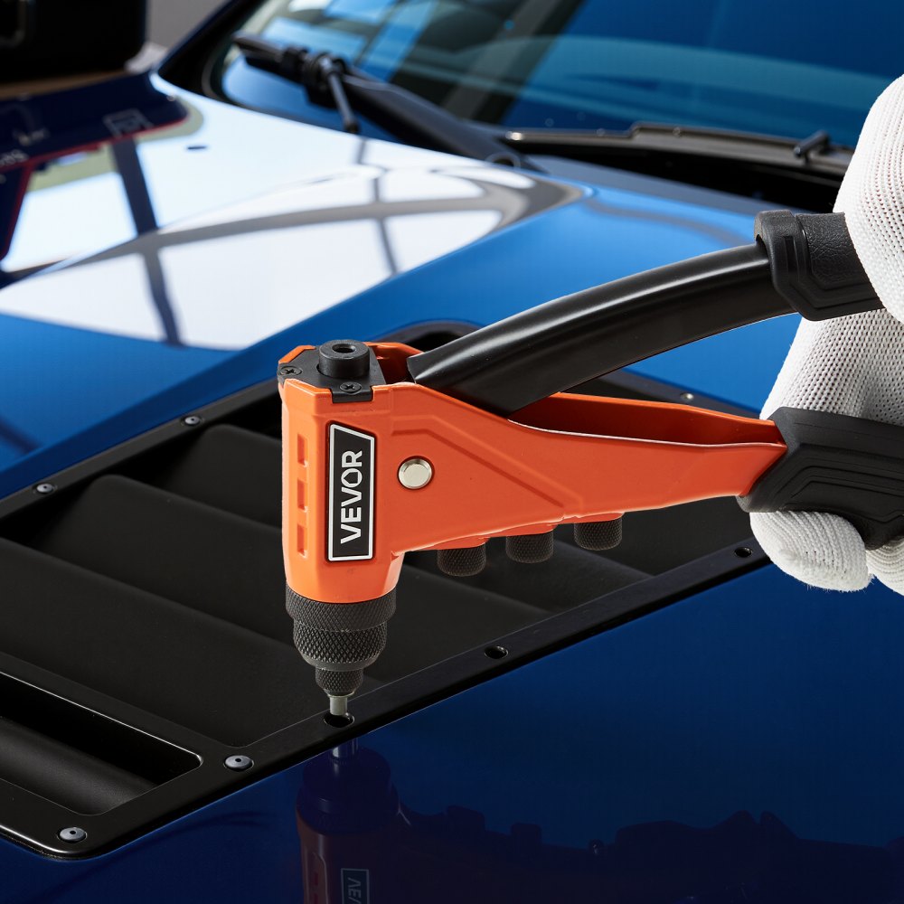 VEVOR Juego de Remachadoras con 200 Remaches Ciegos, 4 Boquillas Intercambiables, 4 Brocas y Estuche, Manual para Bricolaje de Metal, de Una Sola Mano, 230 x 195 x 33 mm, Color Naranja y Negro