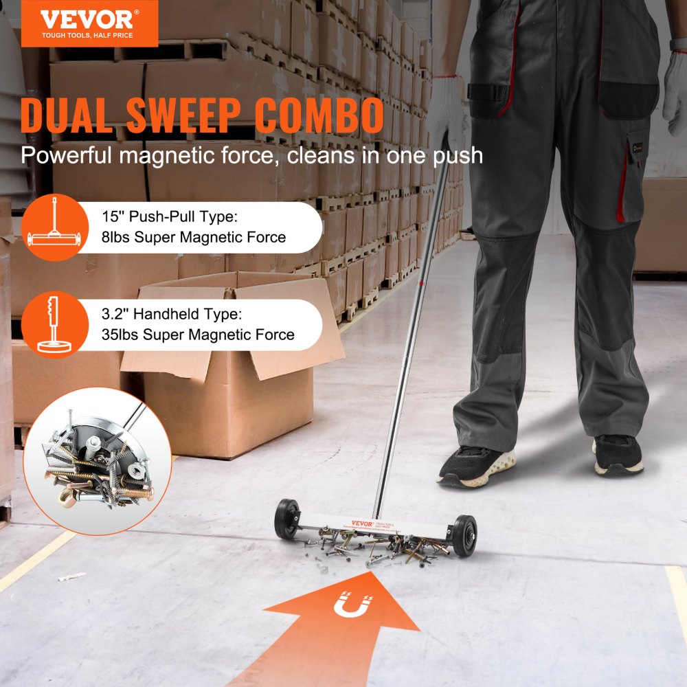 VEVOR 15-inch Magnetic Sweeper with Wheels, 8 lbs Capacity, with Extendable Magnetic Pickup Tool, Adjustable Handle, Magnetic Pickup Sweeper for Collecting Nails and Screws, for Workshop, Garage, Yard