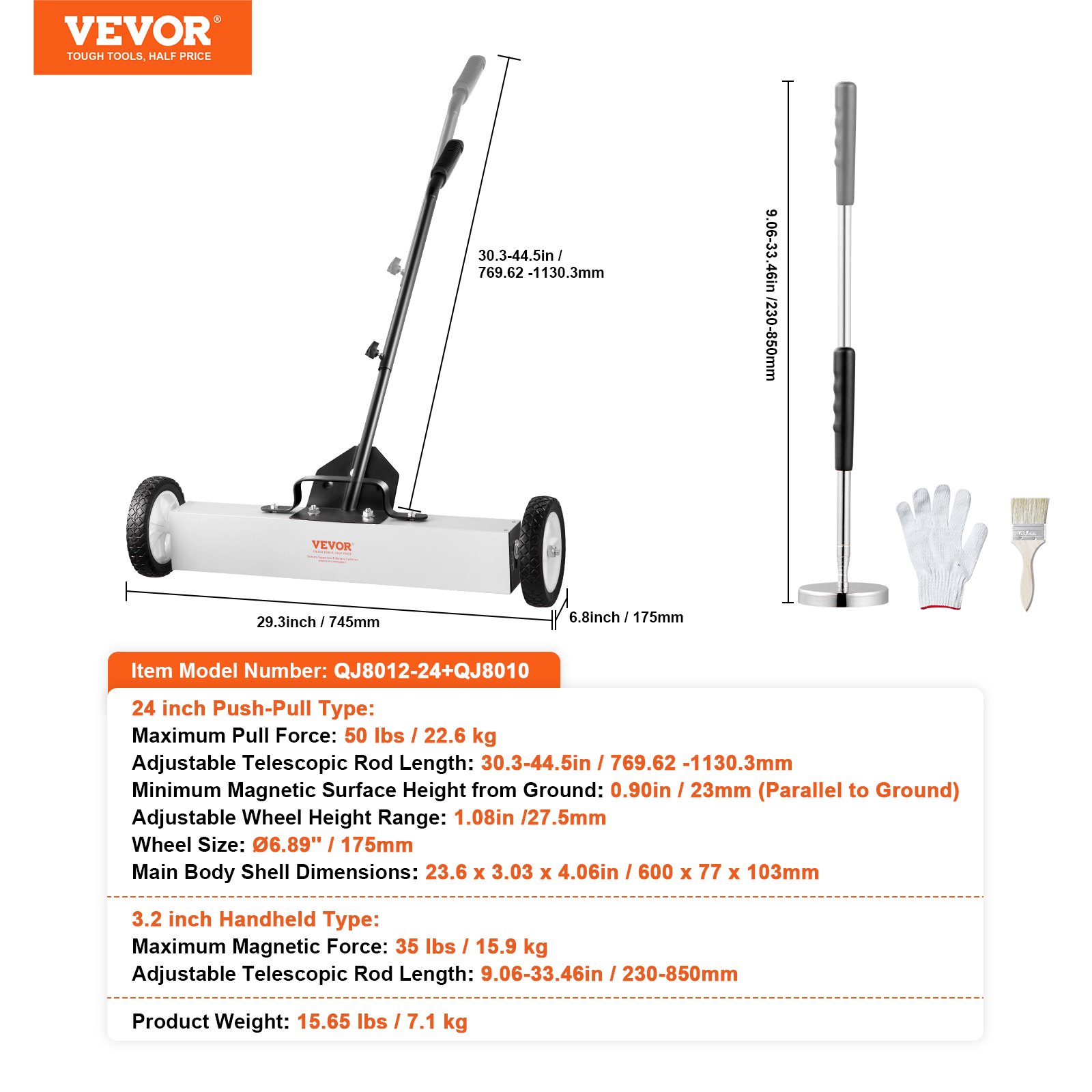 VEVOR Barredora magnética de 24 pulgadas con ruedas, capacidad de 50 libras, con herramienta de recogida magnética telescópica, mango ajustable, barredora de recogida magnética para recoger clavos y tornillos, para taller, garaje, patio