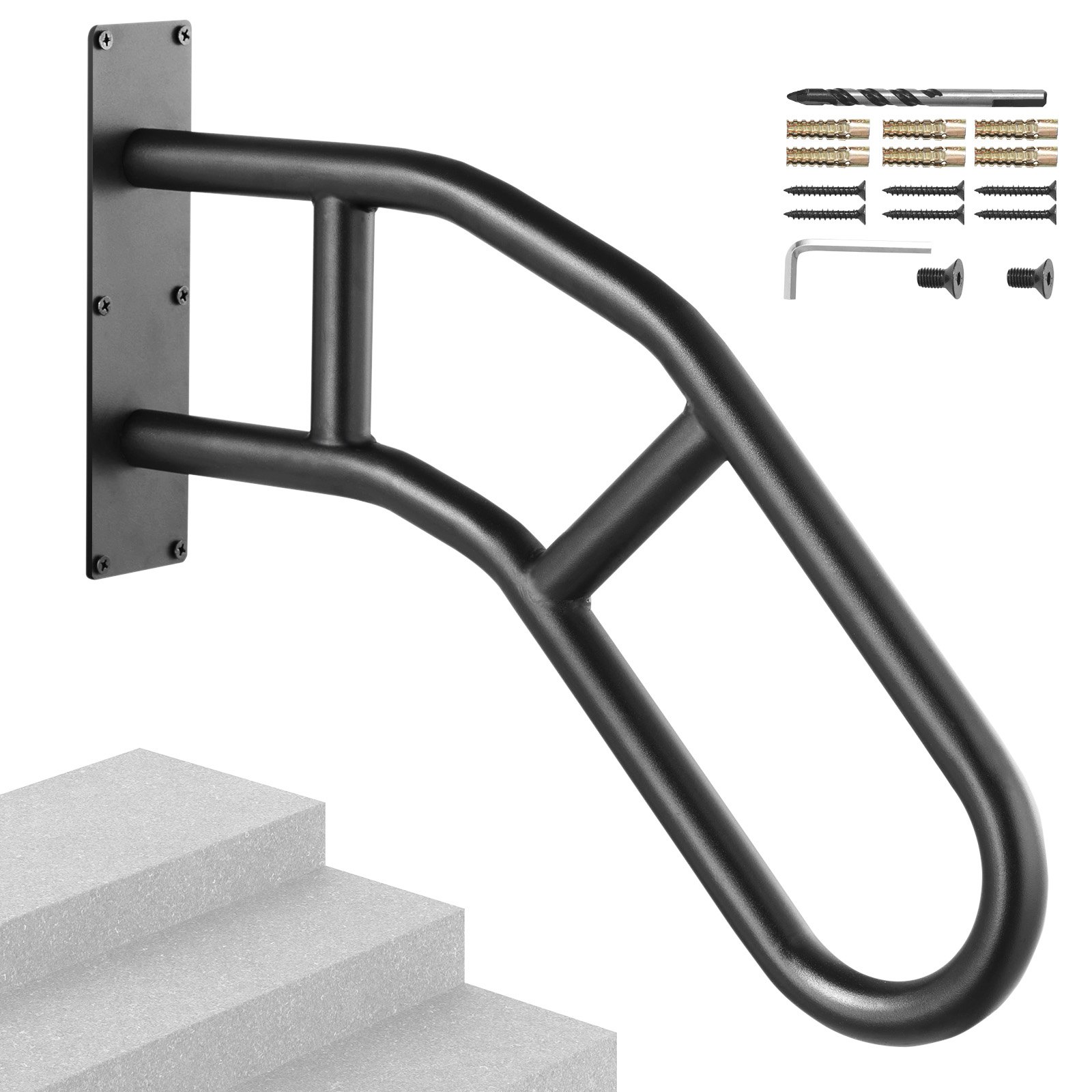 VEVOR Pasamanos de Escalera para Escalones Exteriores 737 mm Barandilla de Seguridad Montado en Pared para 1-3 Escalones Acabado Negro Mate para Personas Mayores, Embarazadas, Discapacitadas