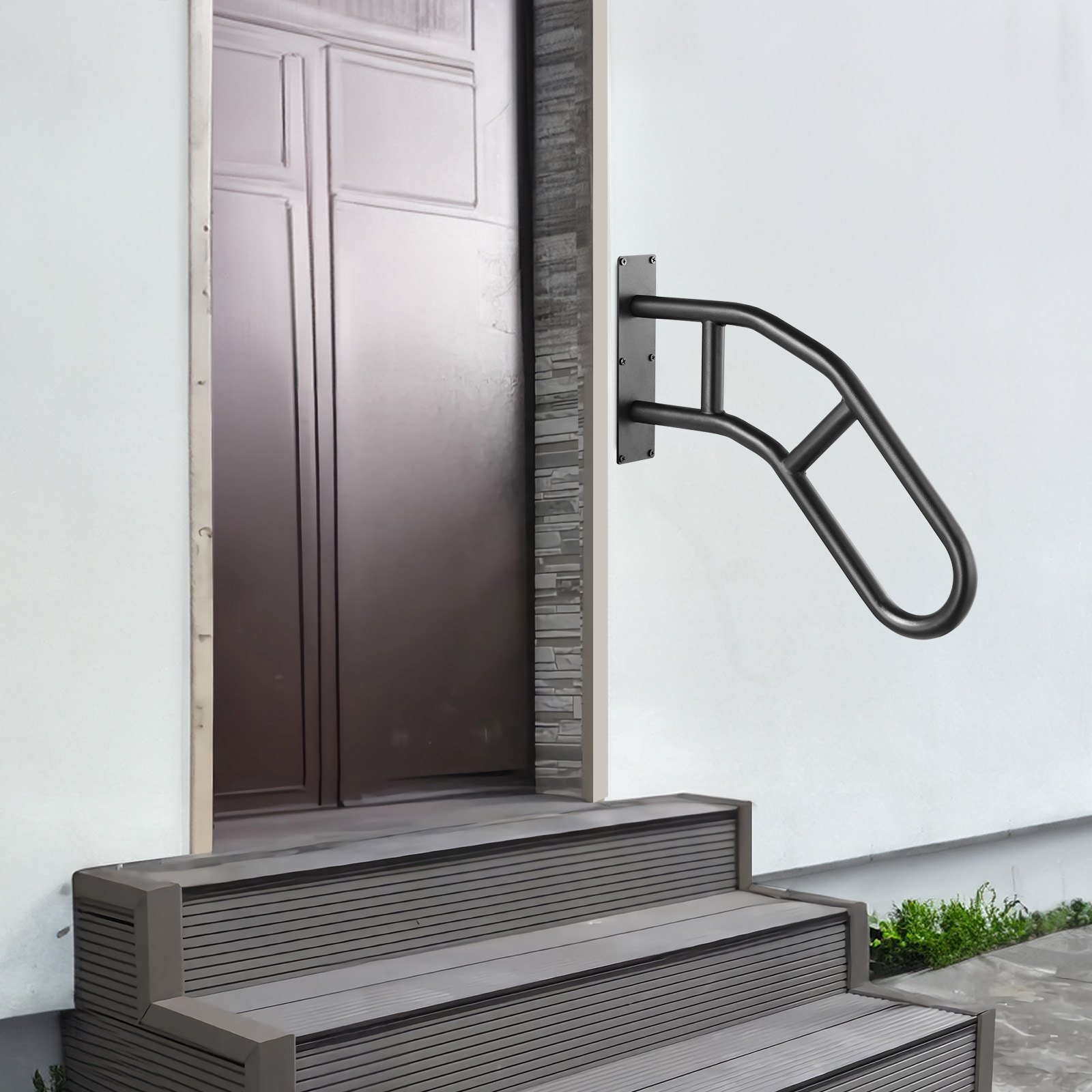 VEVOR Pasamanos de Escalera para Escalones Exteriores 737 mm Barandilla de Seguridad Montado en Pared para 1-3 Escalones Acabado Negro Mate para Personas Mayores, Embarazadas, Discapacitadas