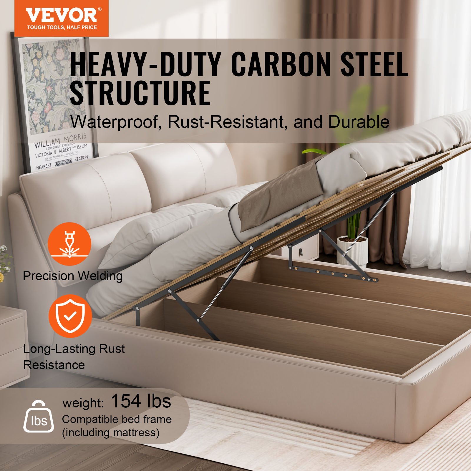 VEVOR Elevador de Cama Compatible de 150 x 180 cm Capacidad de 70 kg Kit de Hardware Mecánico de Cama Palanca Neumática Vertical de Lujo Soporte de Cama Resistente para Habitación de Invitados