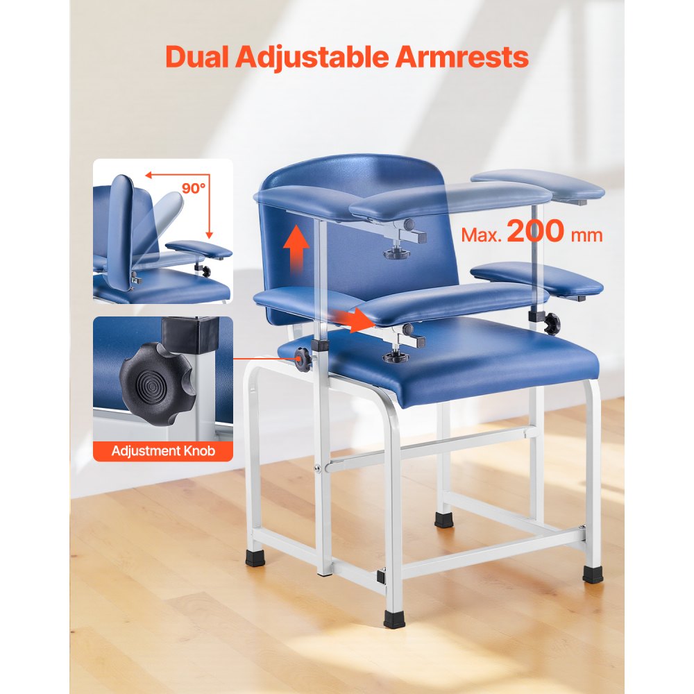 VEVOR Silla de Flebotomía con Reposabrazos Ajustables y Brazo Abatible, Carga de 181 kg, Asiento Suave y Cuero de PVC Fácil de Limpiar para Hospitales, Laboratorios y Clínicas, 760 x 730 x 945 mm