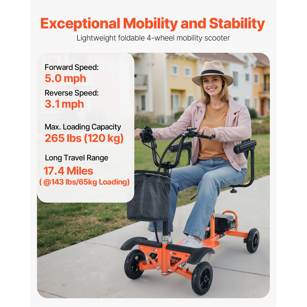 VEVOR Patinete Eléctrico de Movilidad Plegable de 4 Ruedas para Adultos y Personas Mayores, con Carga de 120 kg, con Batería de Litio 48 V, Neumáticos Sólidos Grandes y Capacidad de Ascenso 8°