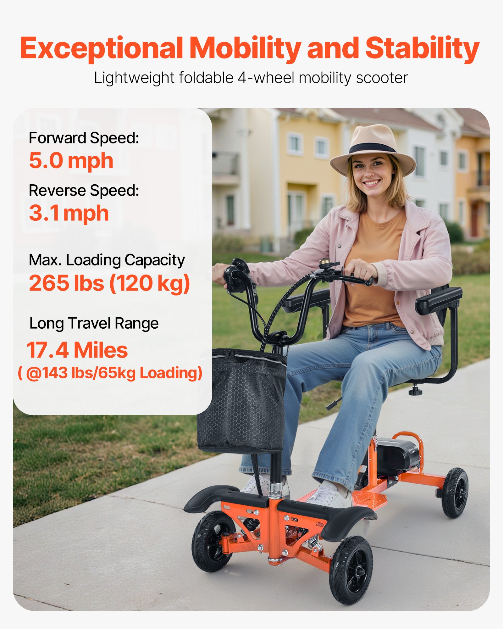 VEVOR Patinete Eléctrico de Movilidad Plegable de 4 Ruedas para Adultos y Personas Mayores, con Carga de 120 kg, con Batería de Litio 48 V, Neumáticos Sólidos Grandes y Capacidad de Ascenso 8°