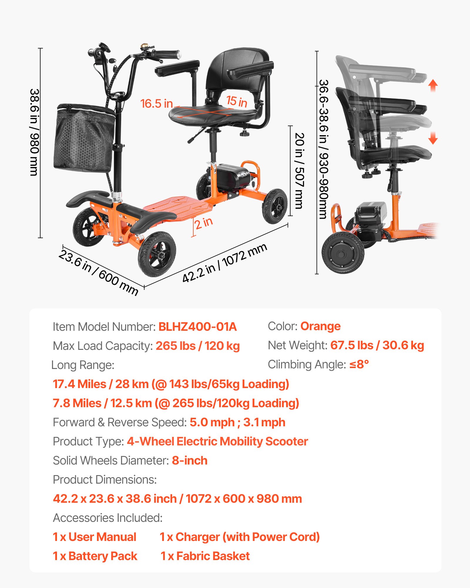 VEVOR Patinete Eléctrico de Movilidad Plegable de 4 Ruedas para Adultos y Personas Mayores, con Carga de 120 kg, con Batería de Litio 48 V, Neumáticos Sólidos Grandes y Capacidad de Ascenso 8°