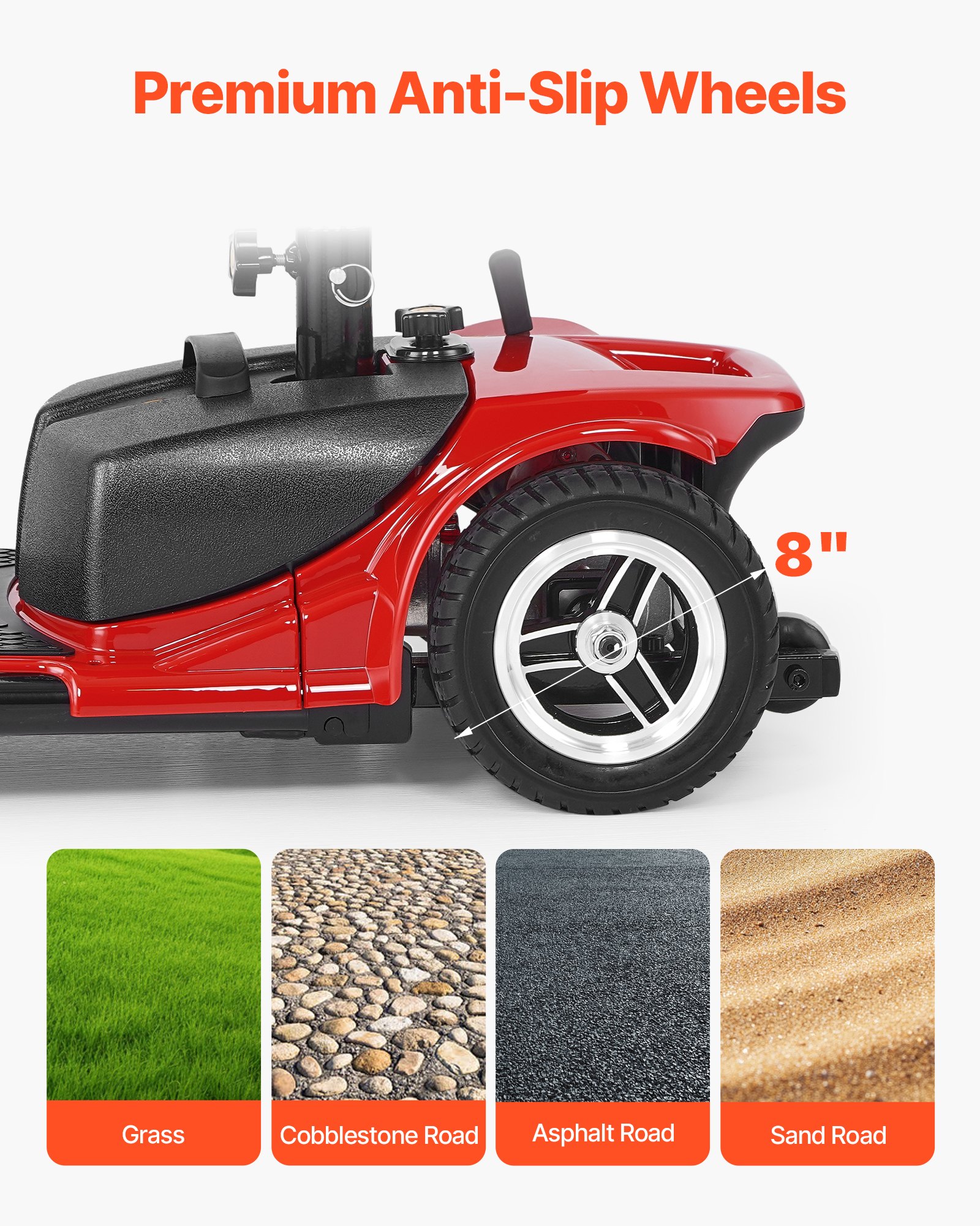 VEVOR Patinete Eléctrico, Plegable, para Personas Mayores, con Autonomía 20 km, Silla de Ruedas Todoterreno con 3 Ruedas Antideslizantes, Capacidad de Carga de 120 kg, 940 x 500 x 840 mm, Rojo