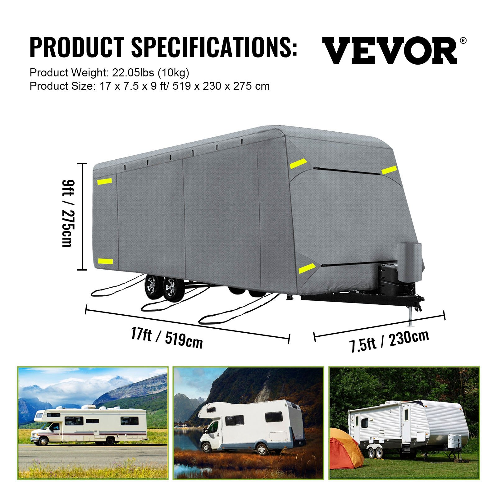 VEVOR Funda protectora para caravana 14 \'- 16 \' Cubierta de tela de caravana 519 x 230 x 275cm Funda caravana automática 6,6kg Resistente al viento y a la