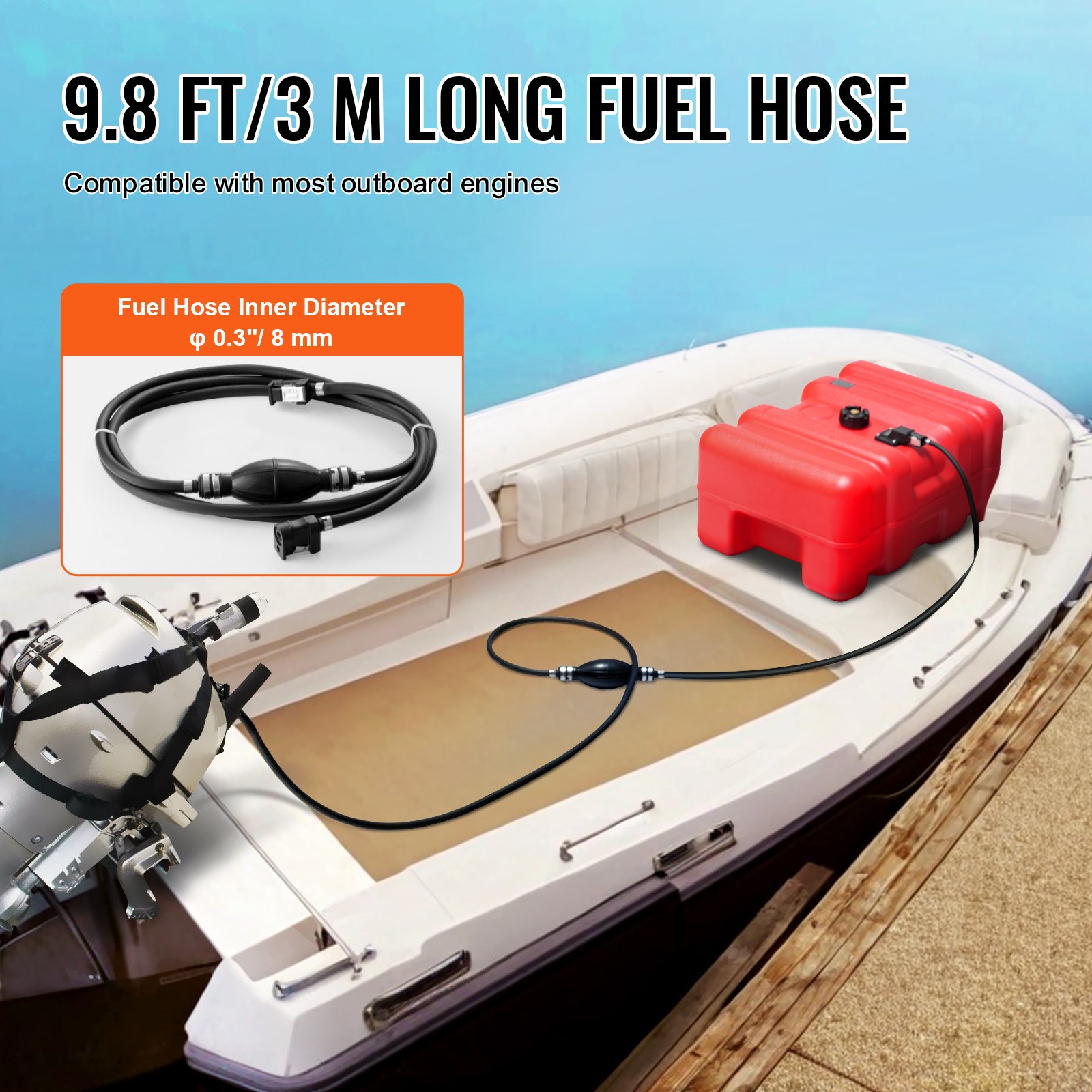 VEVOR Tanque de Combustible Marino de 55 L para Barco con Manguera de 3 m, Compatible con la Mayoría de Motores Fueraborda, para Repostar al Aire Libre en Diferentes Tipos de Embarcaciones
