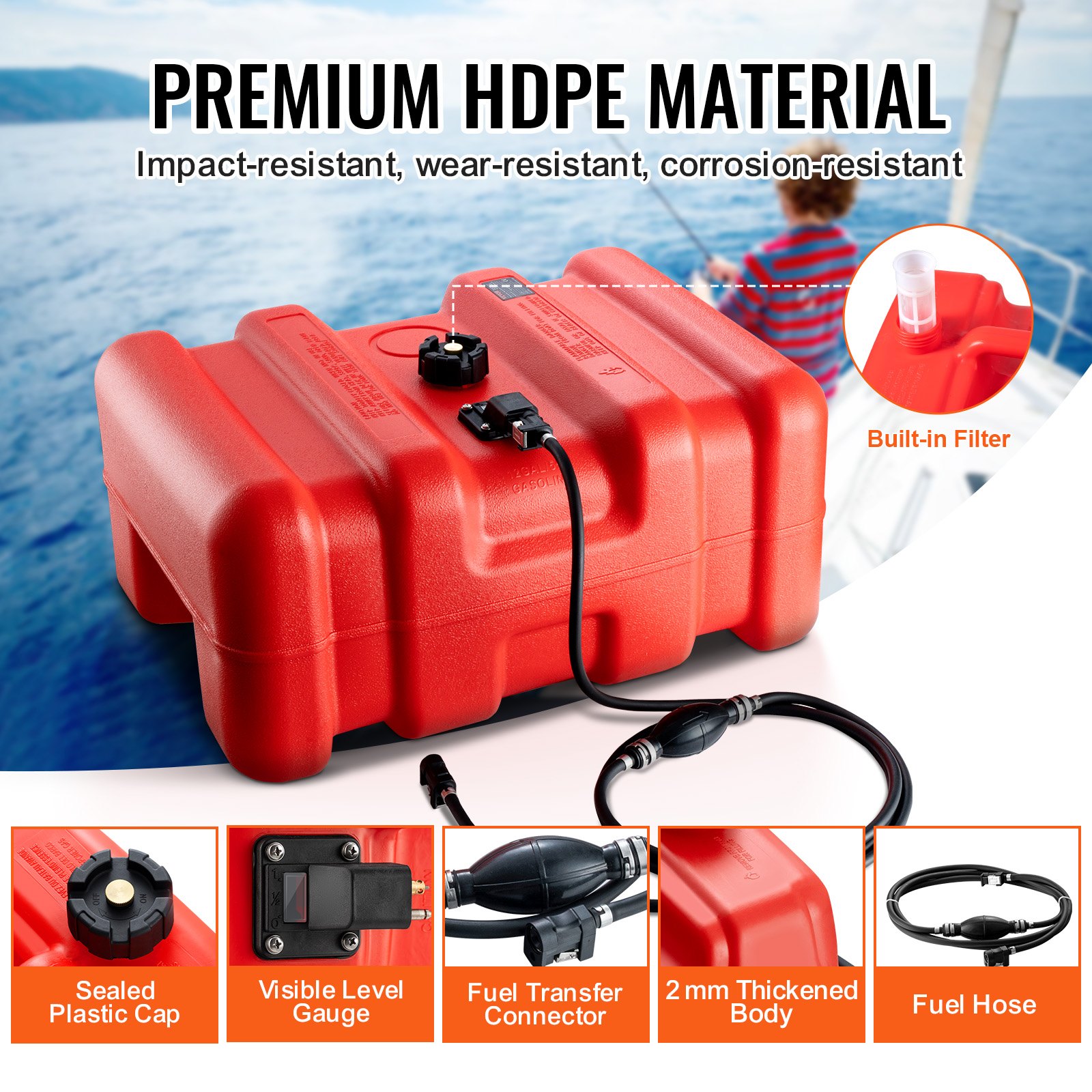 VEVOR Tanque de Combustible Marino de 55 L para Barco con Manguera de 3 m, Compatible con la Mayoría de Motores Fueraborda, para Repostar al Aire Libre en Diferentes Tipos de Embarcaciones