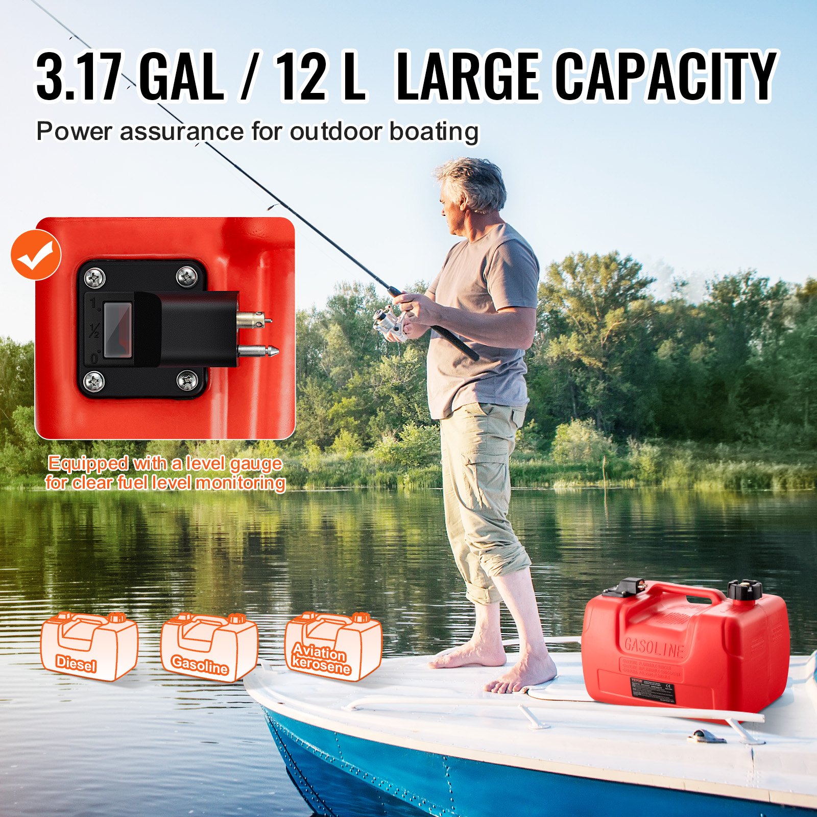 VEVOR Tanque de Combustible Marino Bidón de Gasolina Portátil de 12 L para Barcos con Motor Fueraborda, de Plástico con Manguera, Fácil de Transportar para Yates, Barcos de Pesca, Color Rojo