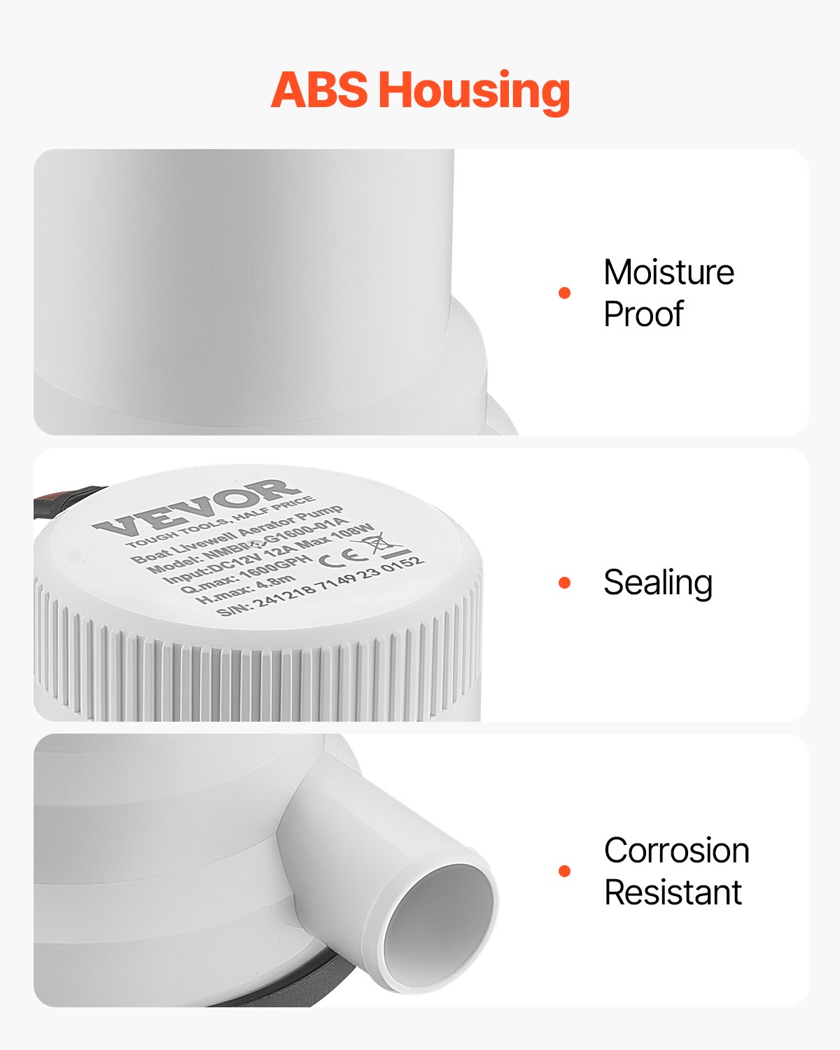 VEVOR 12V 1600 GPH straight livewell aeration pump for boats with dual inlet, ABA housing, removable motor cartridge, corrosion-resistant livewell aeration pump for fresh and salt water