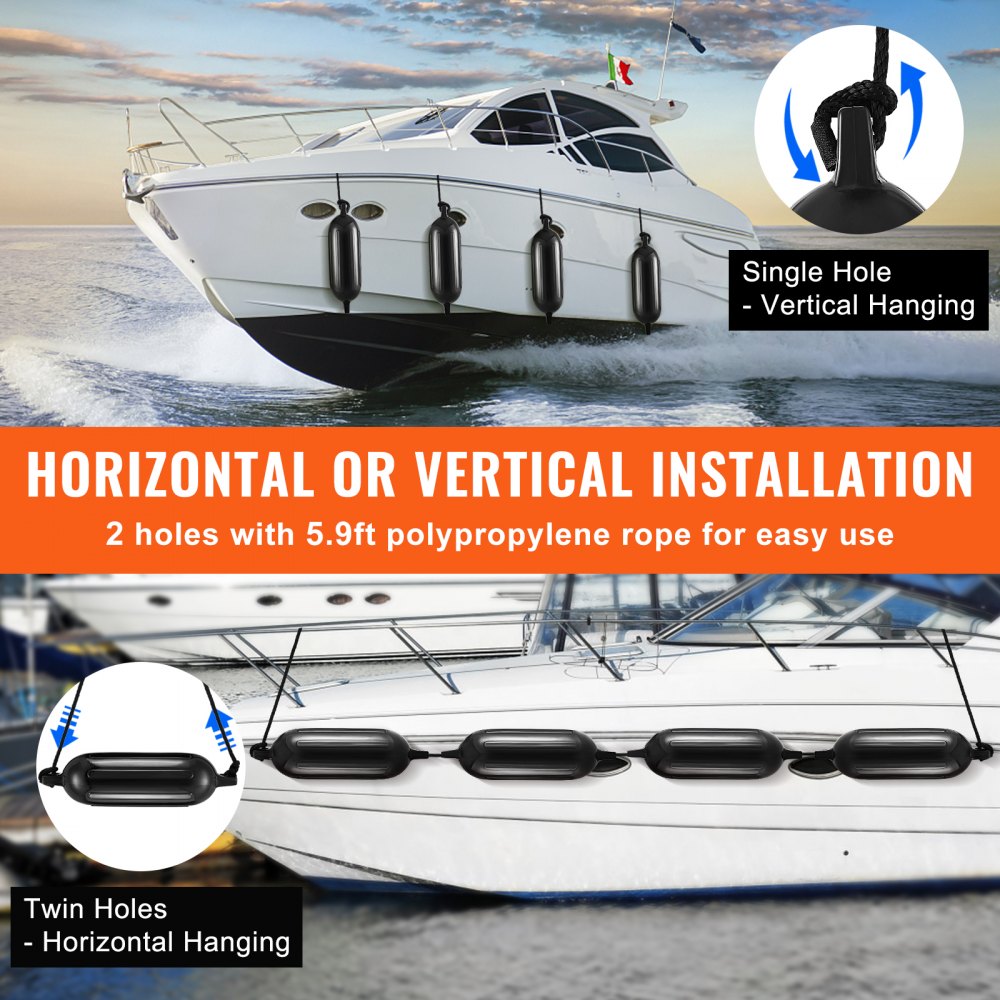 VEVOR Fender Set of 4 Inflatable Fenders 16.51 x 58.42 cm Boat Fenders, Horizontal or Vertical Mounting, Dock Fenders, Long Fenders with 4 Needles & Ropes & Storage Bag, Heat Resistant, UV Protected