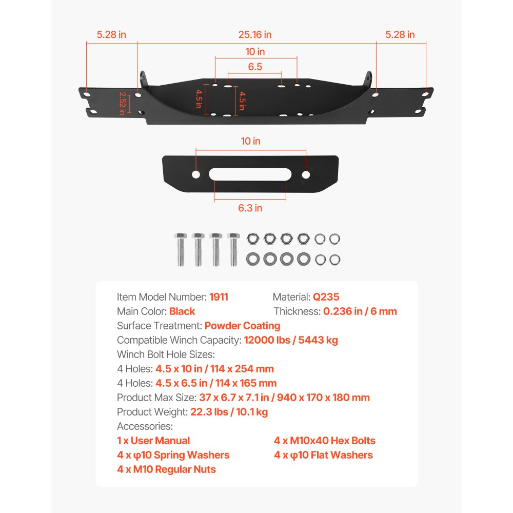 VEVOR Soporte de Cabrestante, Soporte de Enganche de Remolque para Modelos Jeep Wrangler JL/JLU y Gladiator JT Seleccionados (2018-2023), Diseño de 2 Orificios Capacidad de 5443 kg, Negro